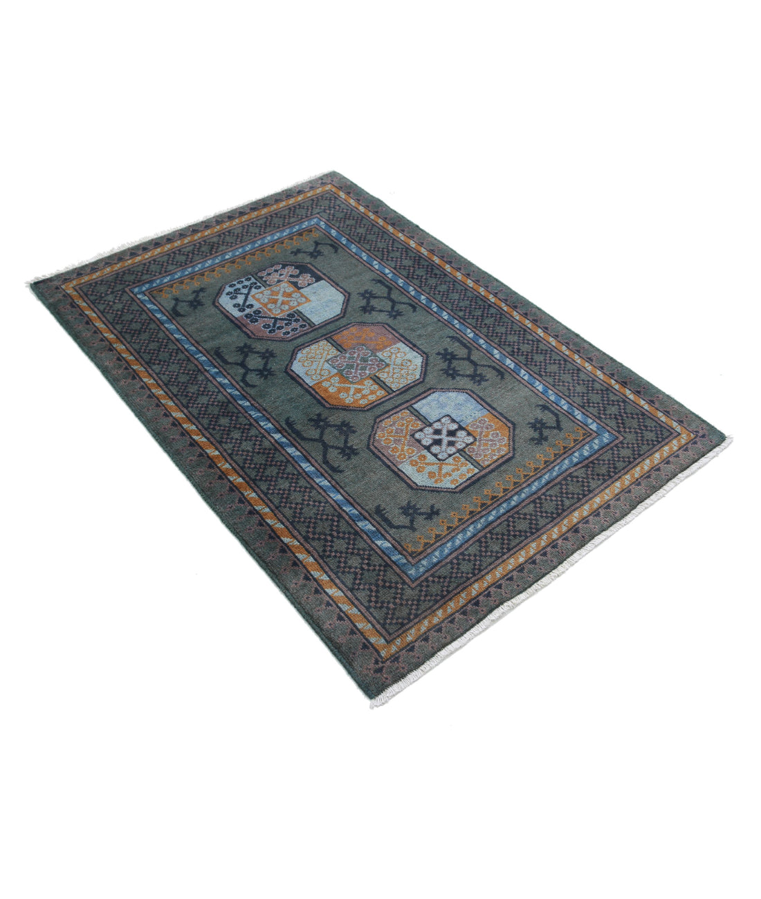 Revival 3'4'' X 4'11'' Hand-Knotted Wool Rug 3'4'' x 4'11'' (100 X 148) / Green / Blue