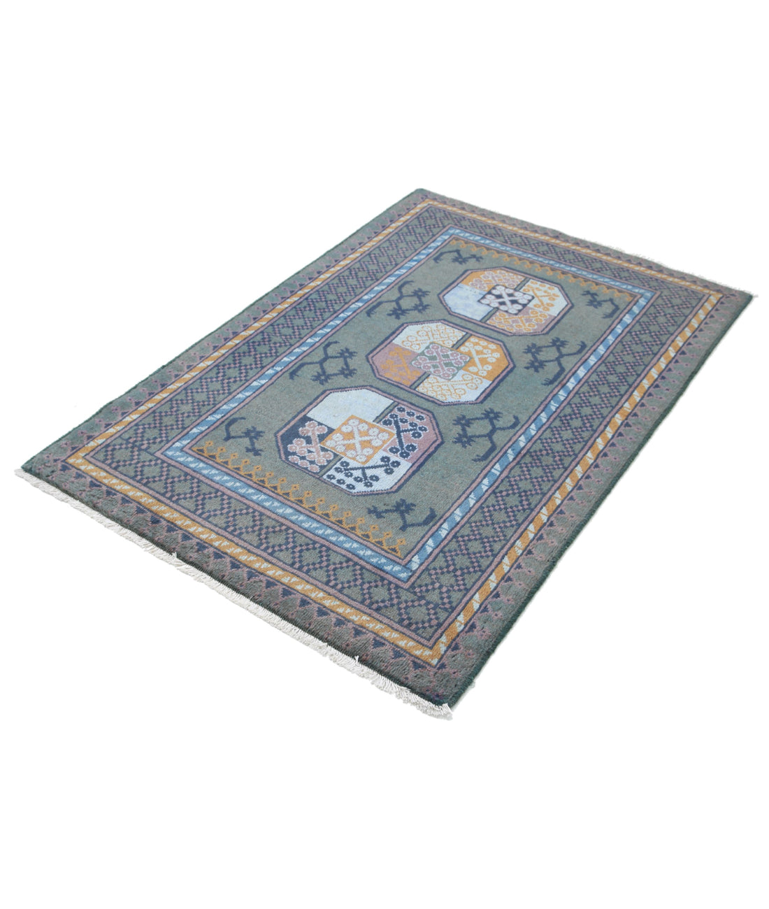 Revival 3'4'' X 4'11'' Hand-Knotted Wool Rug 3'4'' x 4'11'' (100 X 148) / Green / Blue