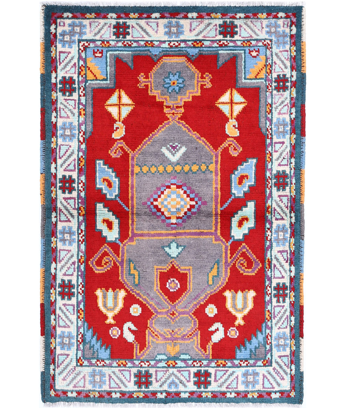 Revival 2'8'' X 4'2'' Hand-Knotted Wool Rug 2'8'' x 4'2'' (80 X 125) / Red / Teal