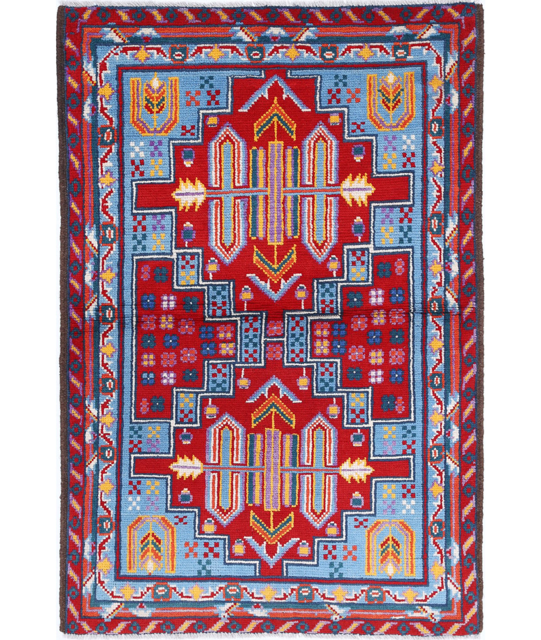 Revival 3'3'' X 4'11'' Hand-Knotted Wool Rug 3'3'' x 4'11'' (98 X 148) / Blue / Red