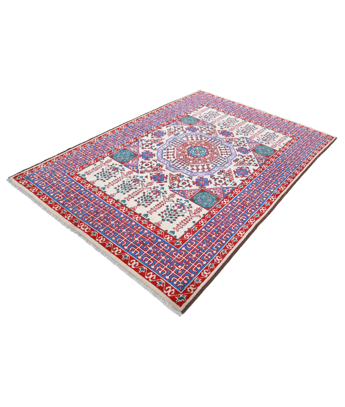 Revival 5'6'' X 8'0'' Hand-Knotted Wool Rug 5'6'' x 8'0'' (165 X 240) / Ivory / Blue