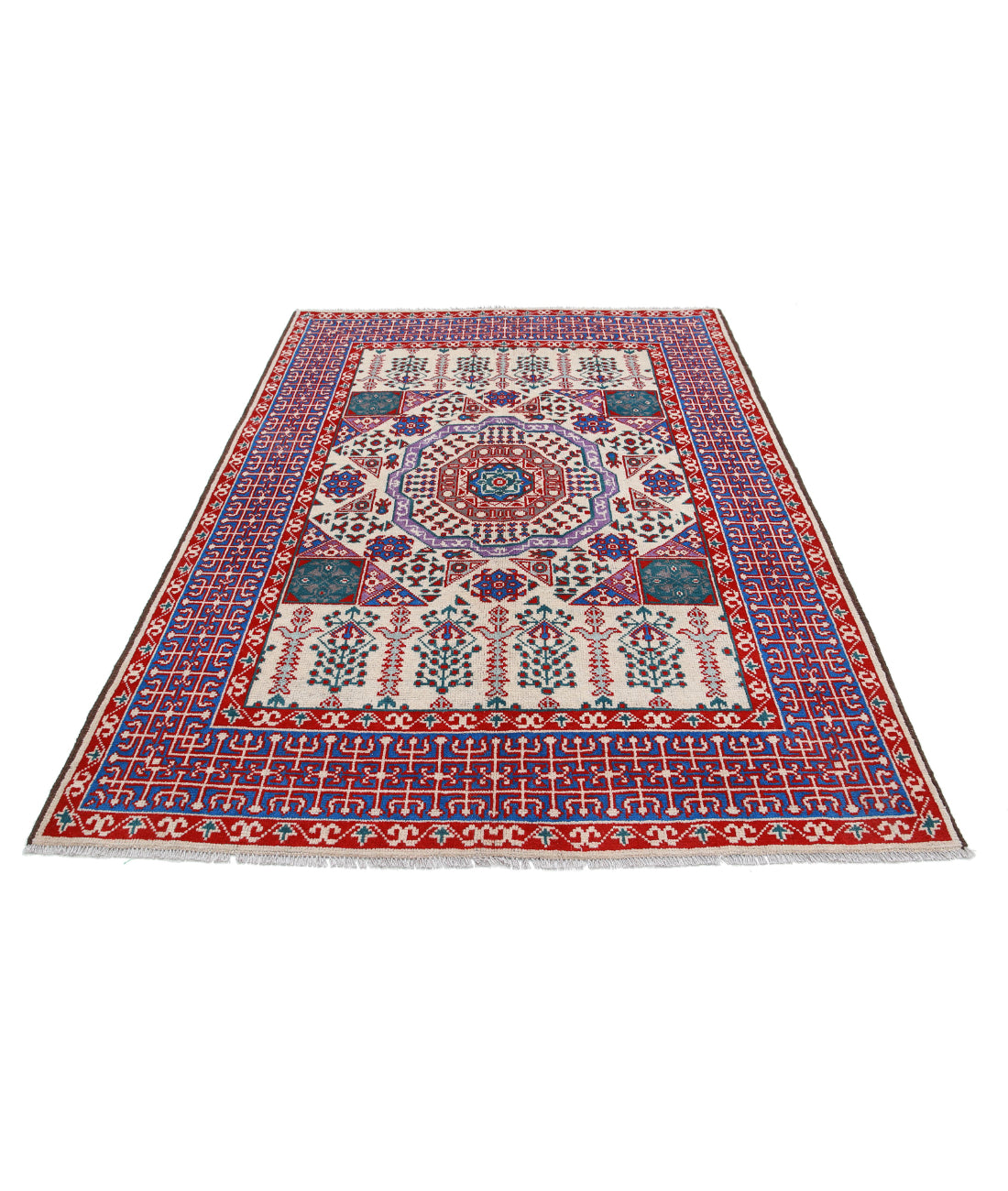 Revival 5'6'' X 8'0'' Hand-Knotted Wool Rug 5'6'' x 8'0'' (165 X 240) / Ivory / Blue