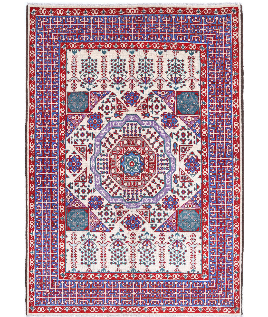 Revival 5'6'' X 8'0'' Hand-Knotted Wool Rug 5'6'' x 8'0'' (165 X 240) / Ivory / Blue
