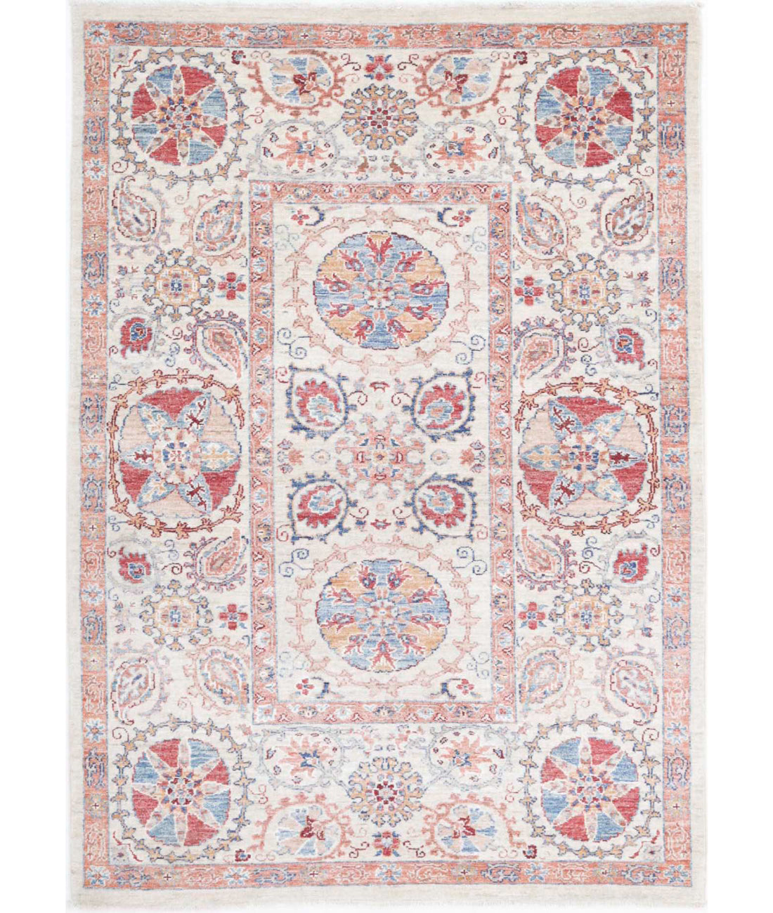 Suzani 4'0'' X 5'8'' Hand-Knotted Wool Rug 4'0'' x 5'8'' (120 X 170) / Ivory / Blue