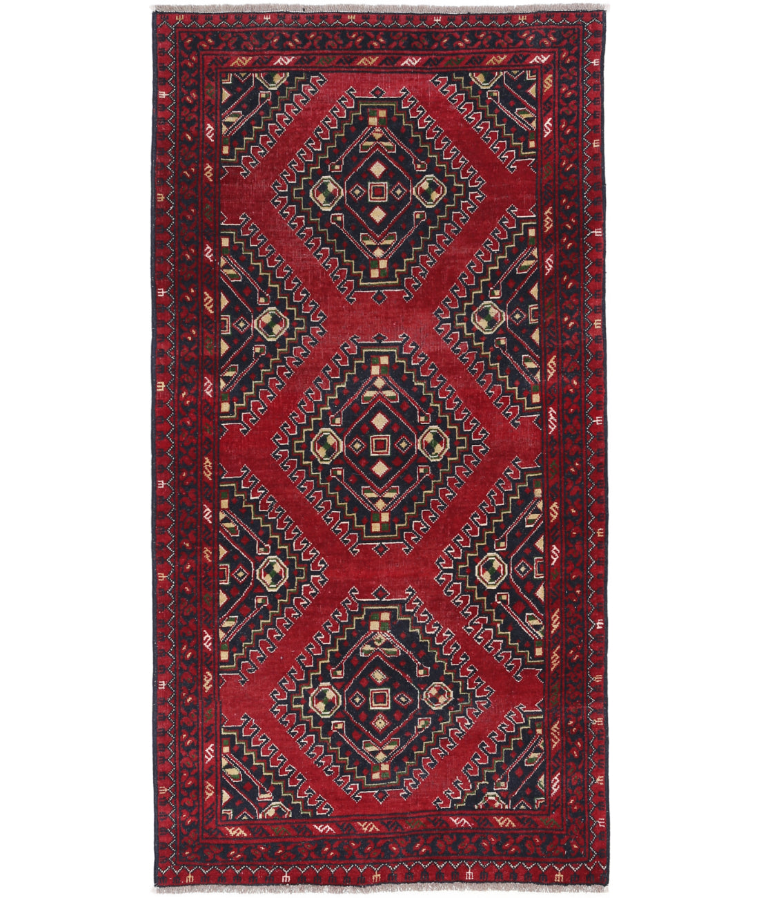 Afghan 3' 2" X 6' 5" Hand-Knotted Wool Rug 3' 2" X 6' 5" (97 X 196) / Red / Blue