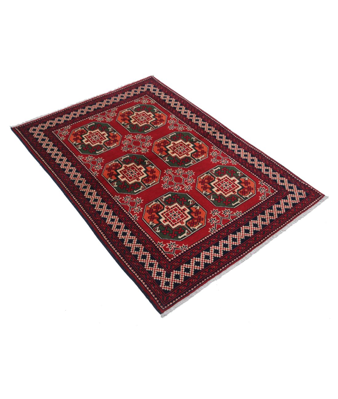 Afghan 3' 4" X 4' 8" Hand-Knotted Wool Rug 3' 4" X 4' 8" (102 X 142) / Red / Black