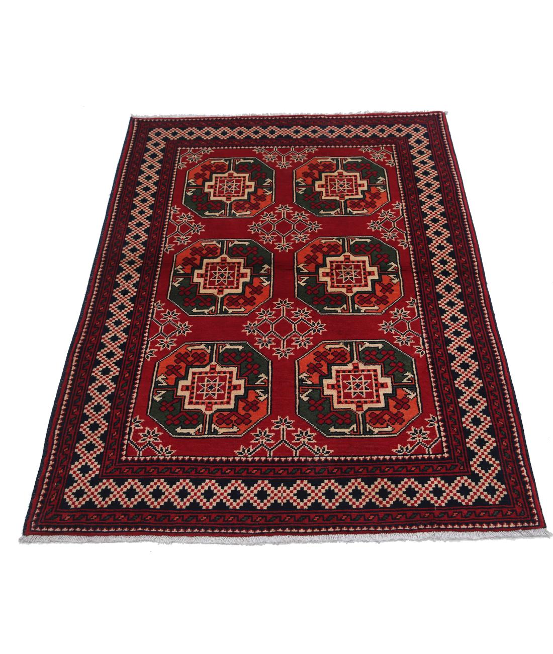 Afghan 3' 4" X 4' 8" Hand-Knotted Wool Rug 3' 4" X 4' 8" (102 X 142) / Red / Black