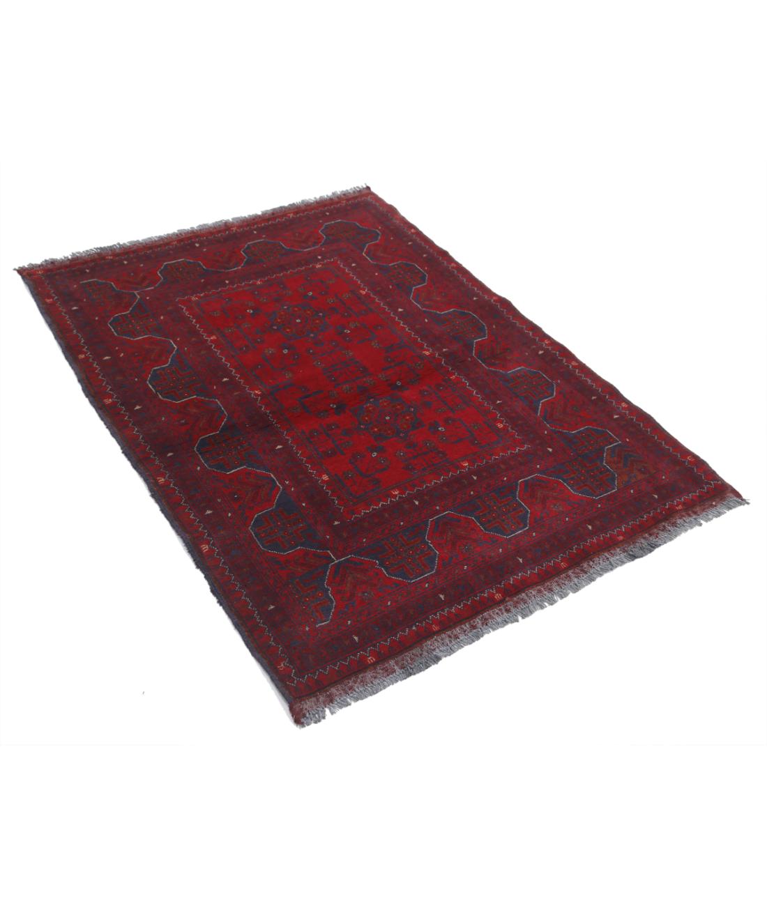Afghan 3' 6" X 4' 10" Hand-Knotted Wool Rug 3' 6" X 4' 10" (107 X 147) / Red / Blue