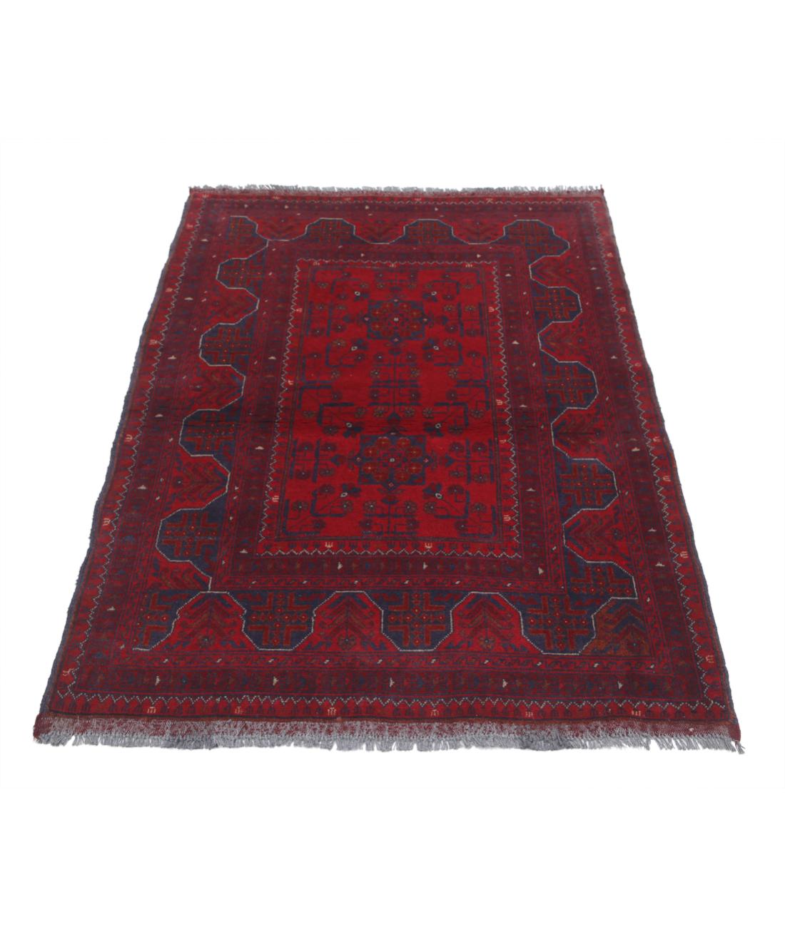 Afghan 3' 6" X 4' 10" Hand-Knotted Wool Rug 3' 6" X 4' 10" (107 X 147) / Red / Blue