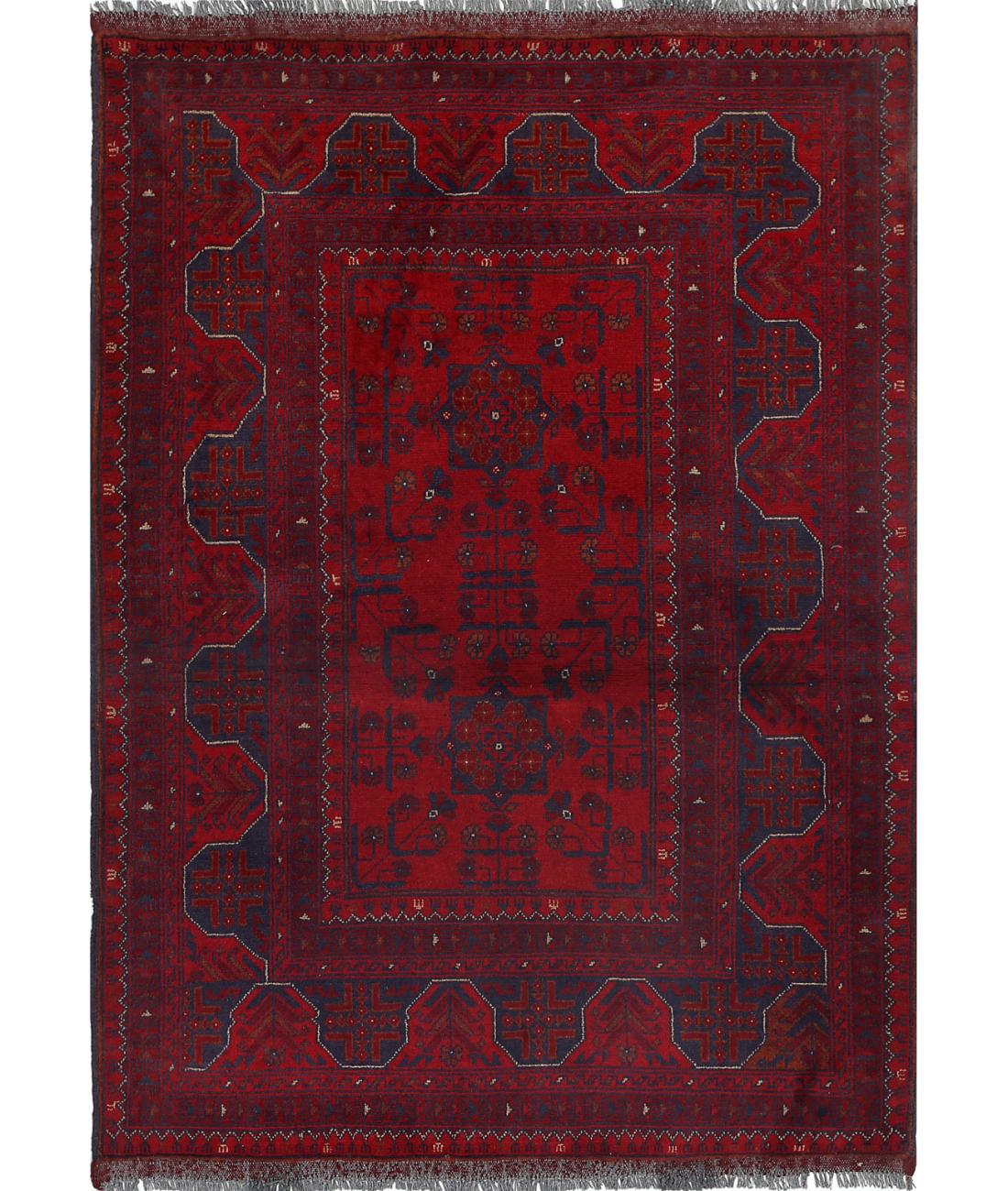 Afghan 3' 6" X 4' 10" Hand-Knotted Wool Rug 3' 6" X 4' 10" (107 X 147) / Red / Blue
