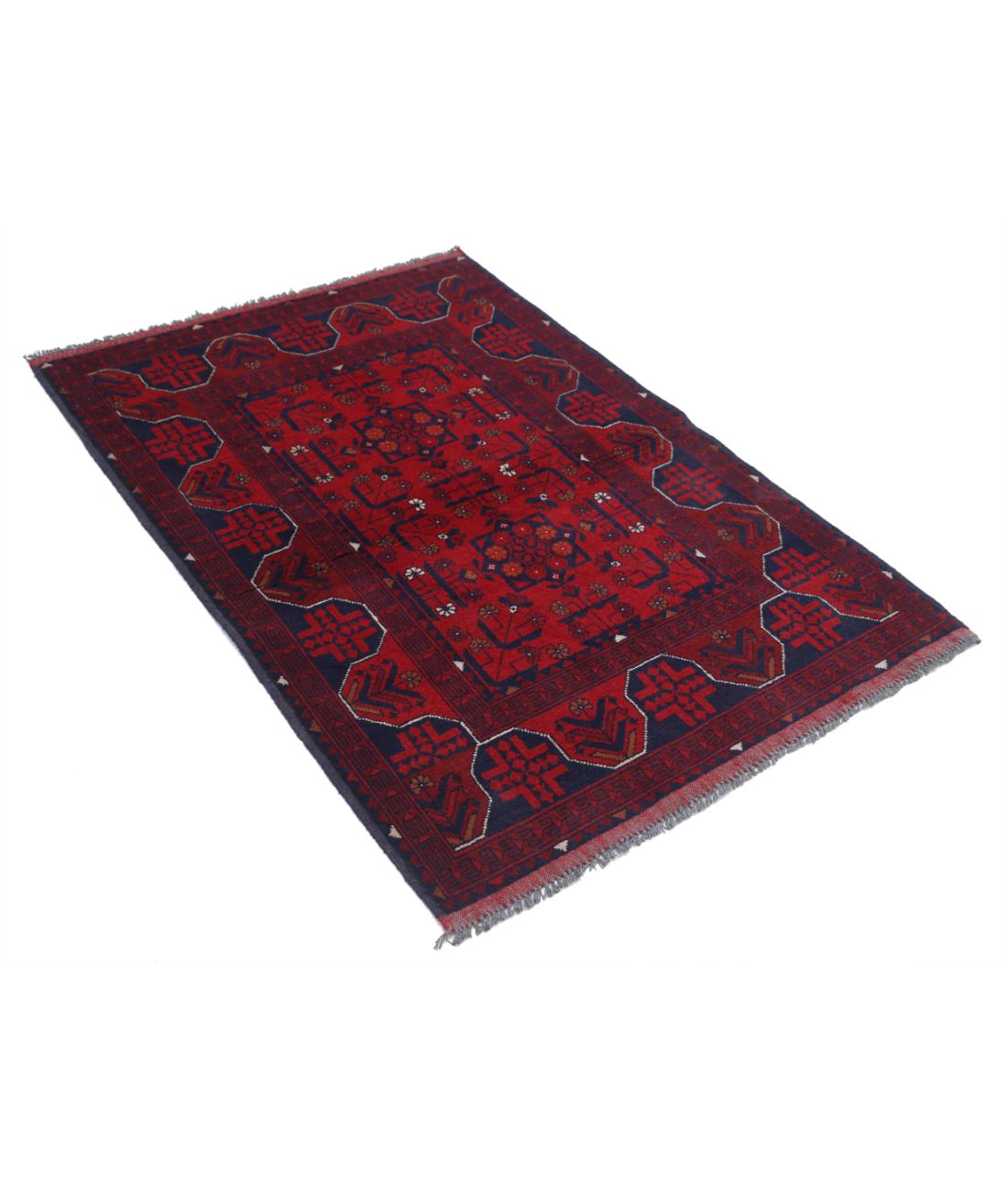 Afghan 3' 4" X 4' 11" Hand-Knotted Wool Rug 3' 4" X 4' 11" (102 X 150) / Red / Blue