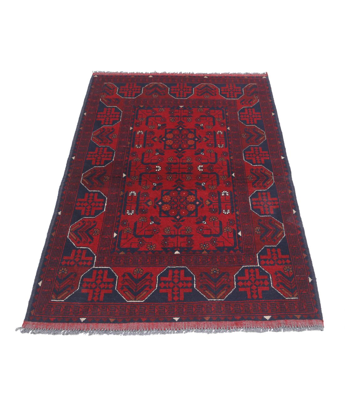Afghan 3' 4" X 4' 11" Hand-Knotted Wool Rug 3' 4" X 4' 11" (102 X 150) / Red / Blue