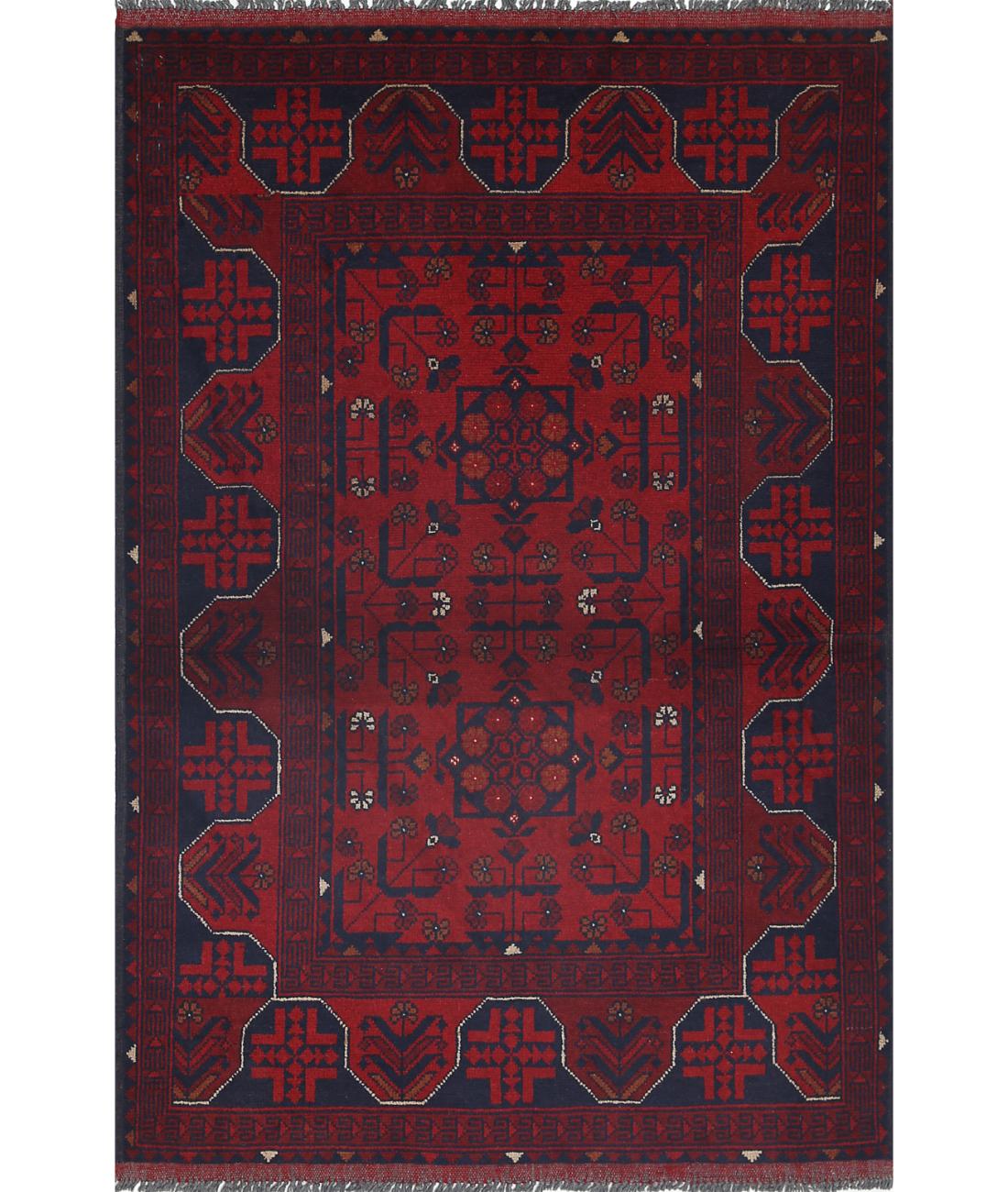 Afghan 3' 4" X 4' 11" Hand-Knotted Wool Rug 3' 4" X 4' 11" (102 X 150) / Red / Blue