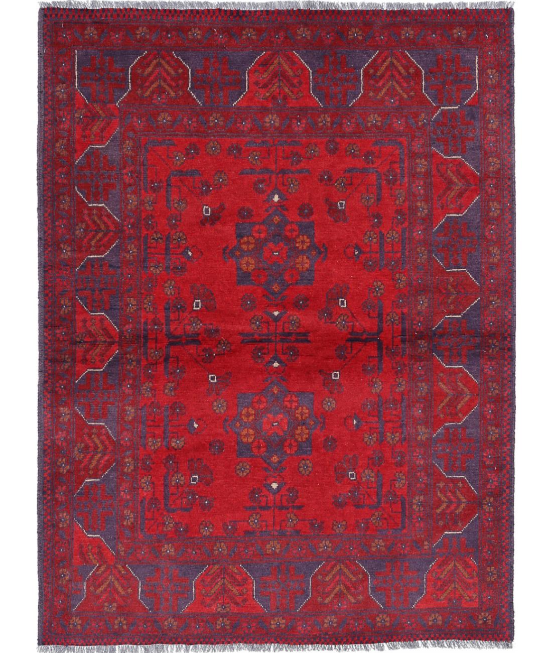 Afghan 3' 4" X 4' 9" Hand-Knotted Wool Rug 3' 4" X 4' 9" (102 X 145) / Red / Blue
