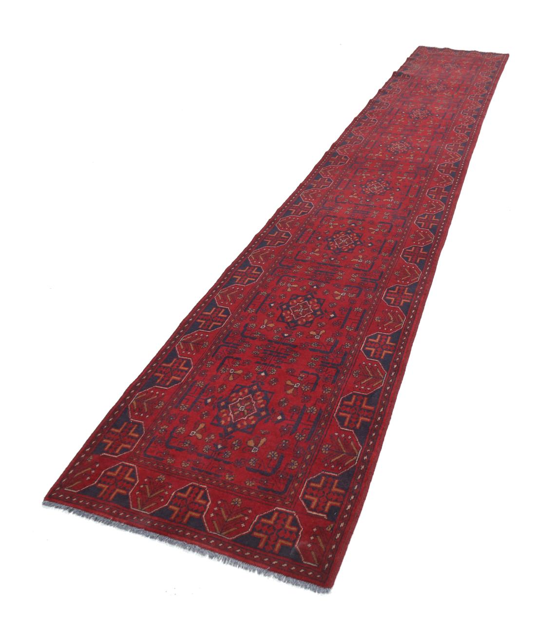 Afghan 2' 6" X 15' 11" Hand-Knotted Wool Rug 2' 6" X 15' 11" (76 X 485) / Red / Black