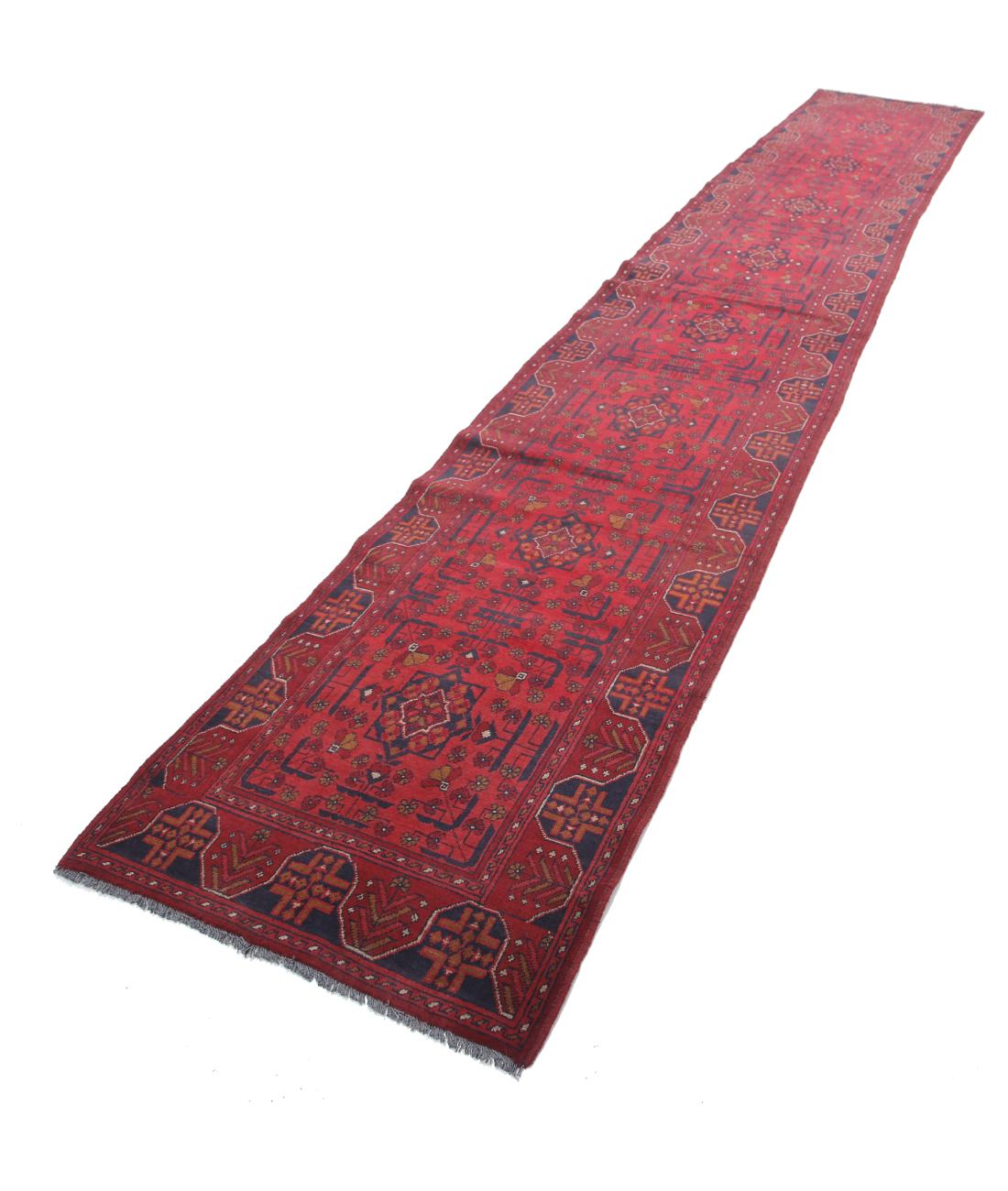 Afghan 2' 7" X 15' 11" Hand-Knotted Wool Rug 2' 7" X 15' 11" (79 X 485) / Red / Black