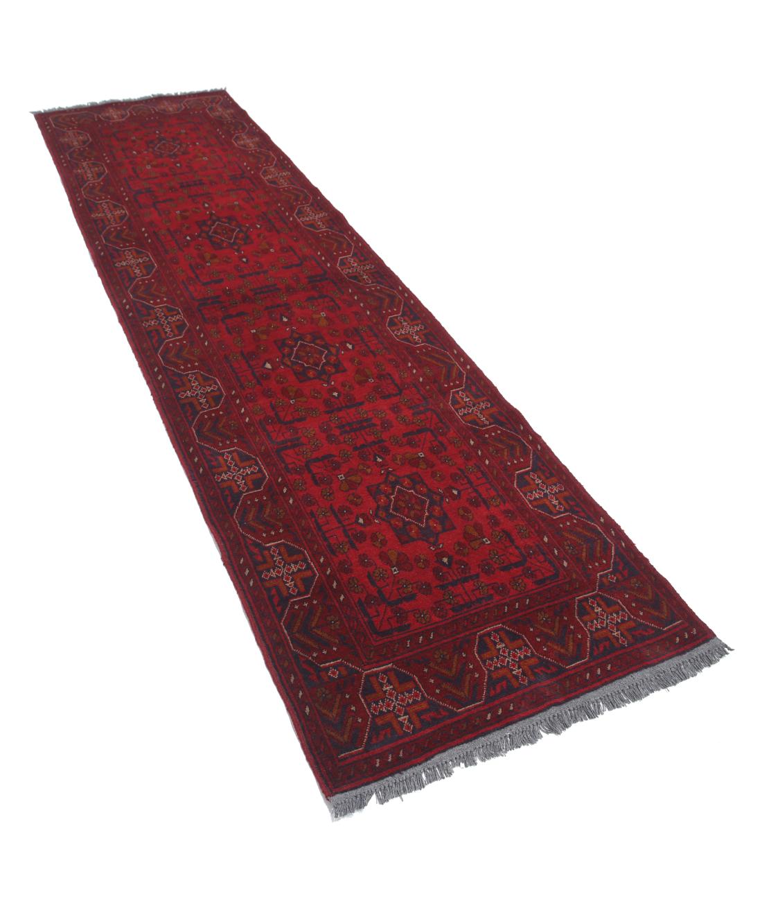 Afghan 2' 8" X 9' 7" Hand-Knotted Wool Rug 2' 8" X 9' 7" (81 X 292) / Red / Blue