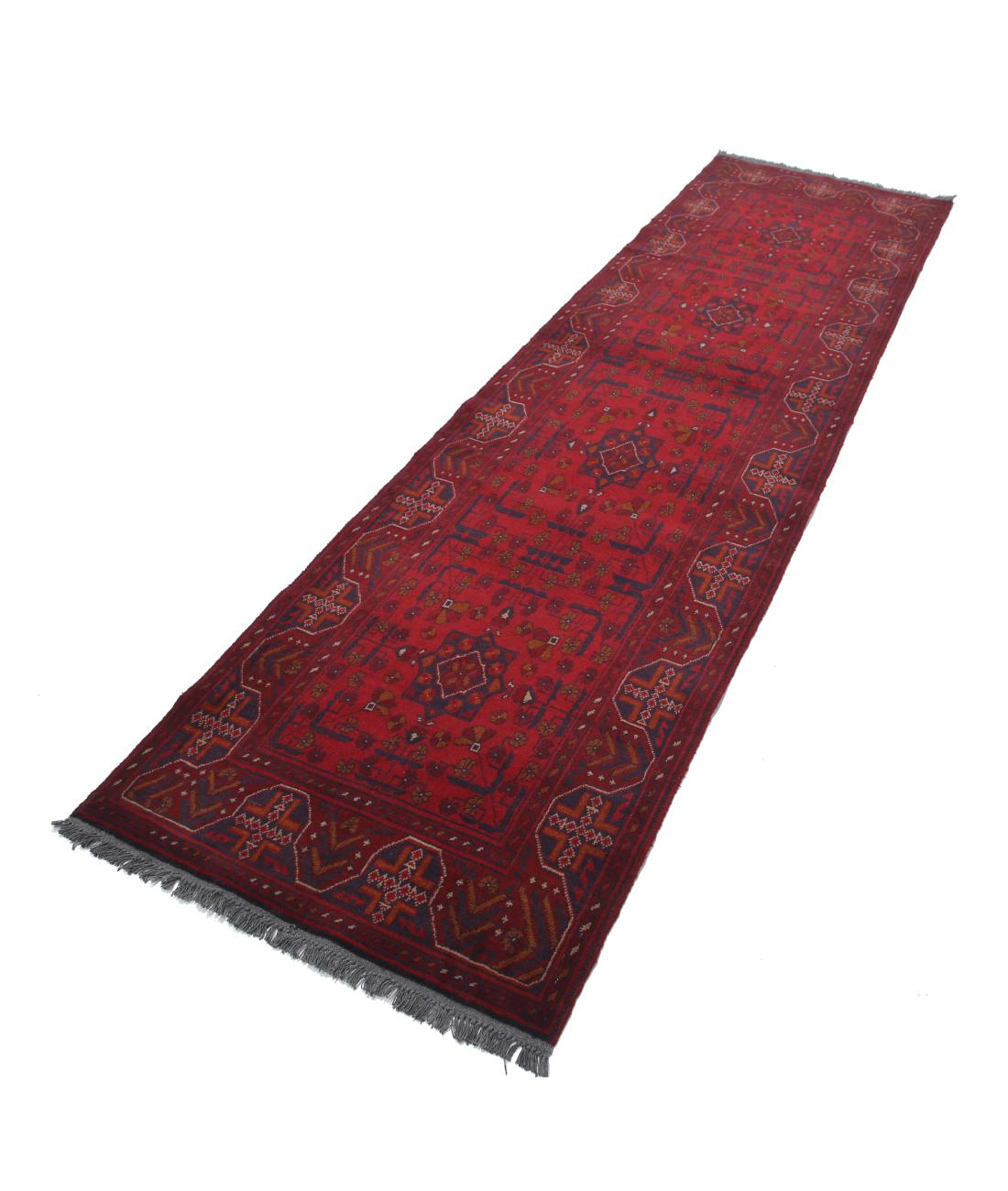 Afghan 2' 8" X 9' 7" Hand-Knotted Wool Rug 2' 8" X 9' 7" (81 X 292) / Red / Blue