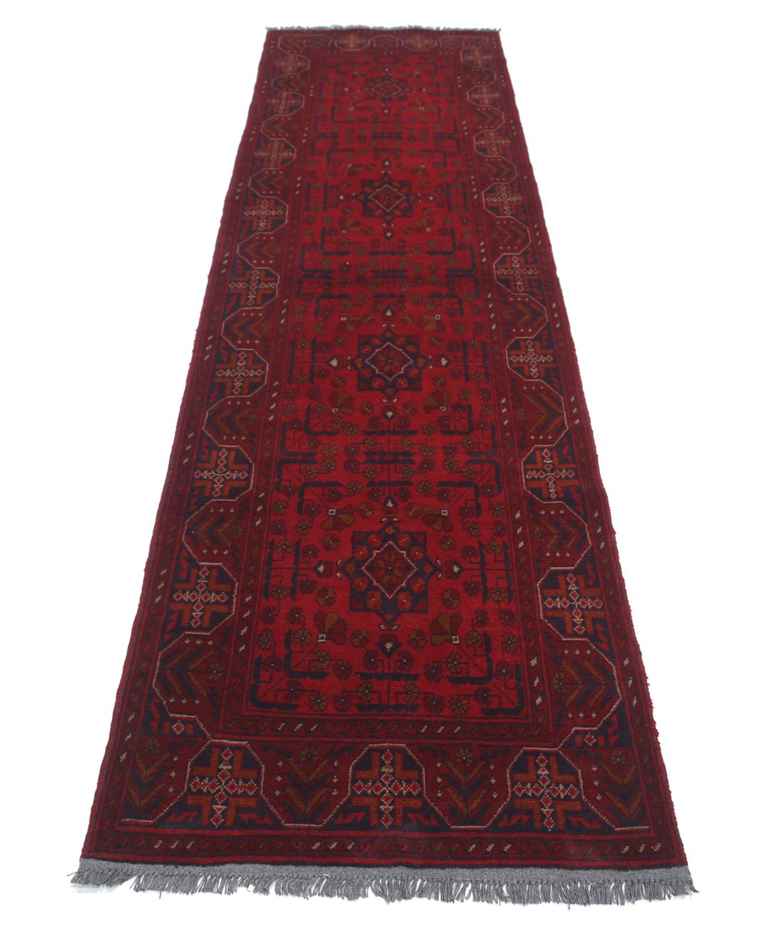 Afghan 2' 8" X 9' 7" Hand-Knotted Wool Rug 2' 8" X 9' 7" (81 X 292) / Red / Blue