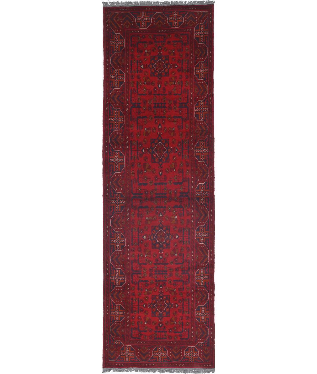 Afghan 2' 8" X 9' 7" Hand-Knotted Wool Rug 2' 8" X 9' 7" (81 X 292) / Red / Blue