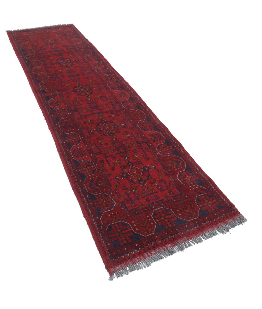 Afghan 2' 7" X 9' 7" Hand-Knotted Wool Rug 2' 7" X 9' 7" (79 X 292) / Red / Blue