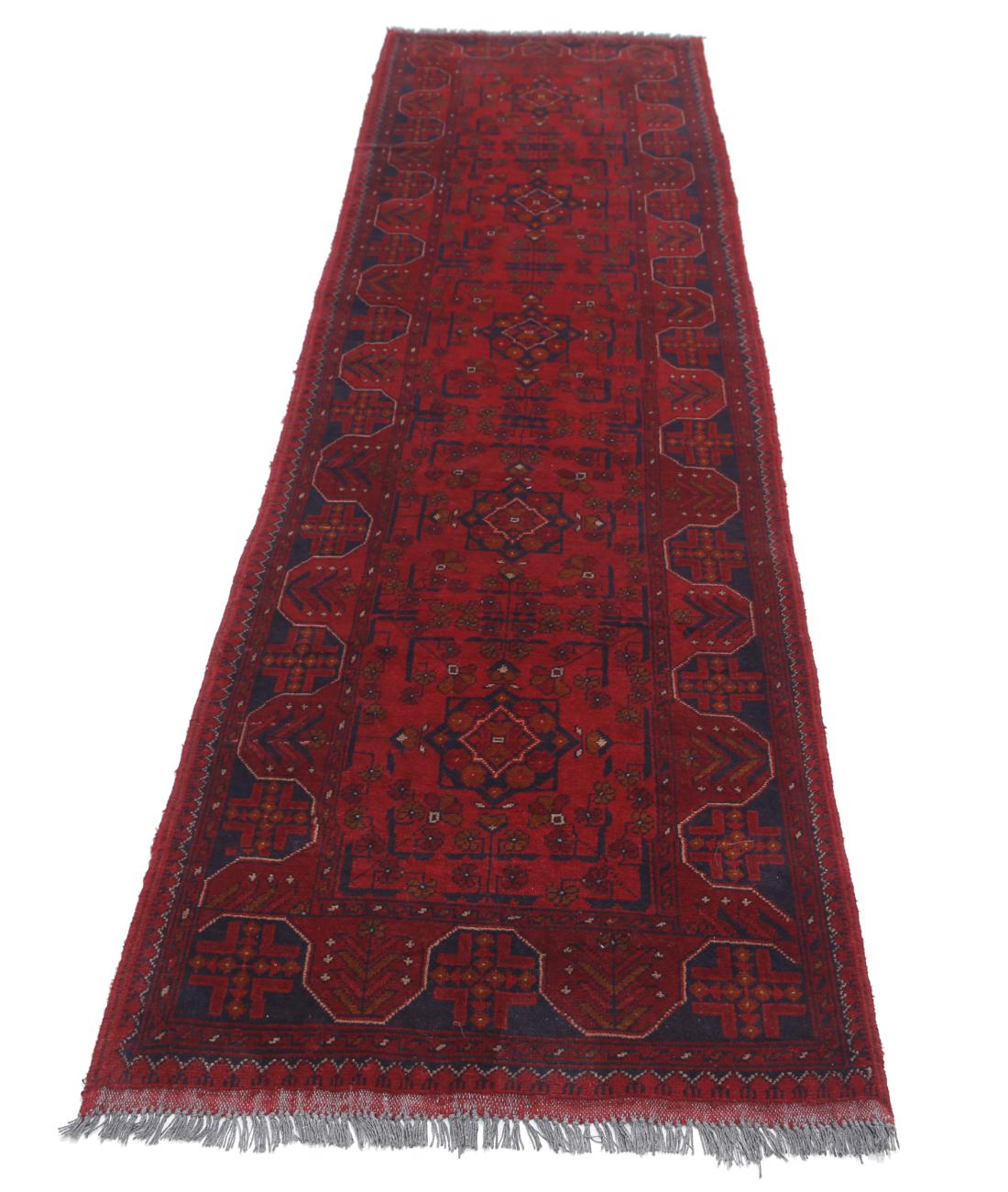 Afghan 2' 7" X 9' 7" Hand-Knotted Wool Rug 2' 7" X 9' 7" (79 X 292) / Red / Blue