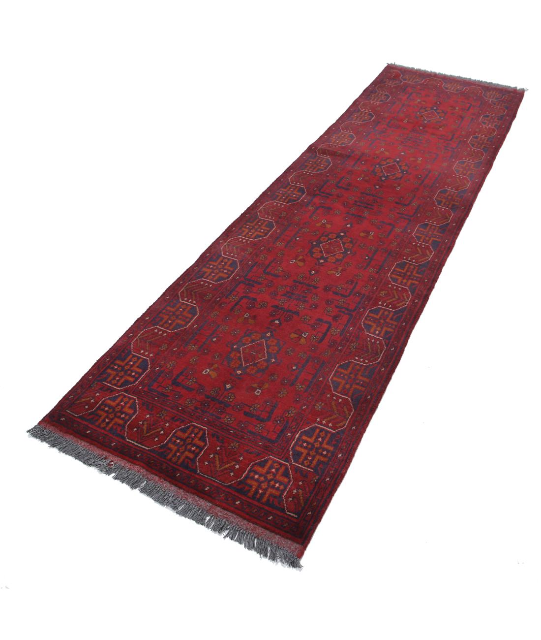 Afghan 2' 7" X 9' 3" Hand-Knotted Wool Rug 2' 7" X 9' 3" (79 X 282) / Red / Blue
