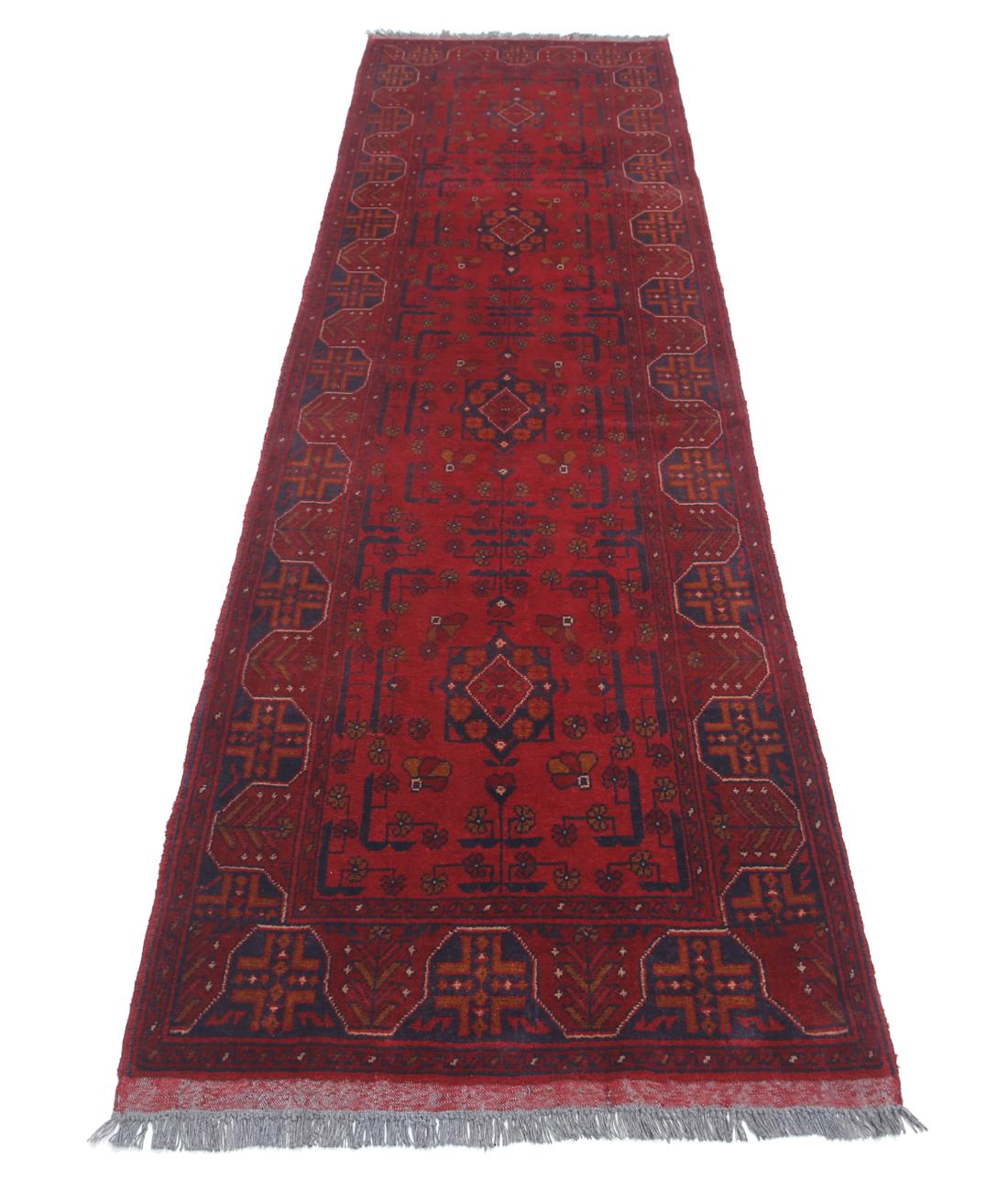 Afghan 2' 7" X 9' 3" Hand-Knotted Wool Rug 2' 7" X 9' 3" (79 X 282) / Red / Blue