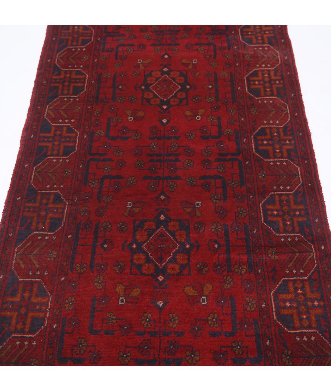 Afghan 2' 7" X 9' 3" Hand-Knotted Wool Rug 2' 7" X 9' 3" (79 X 282) / Red / Blue