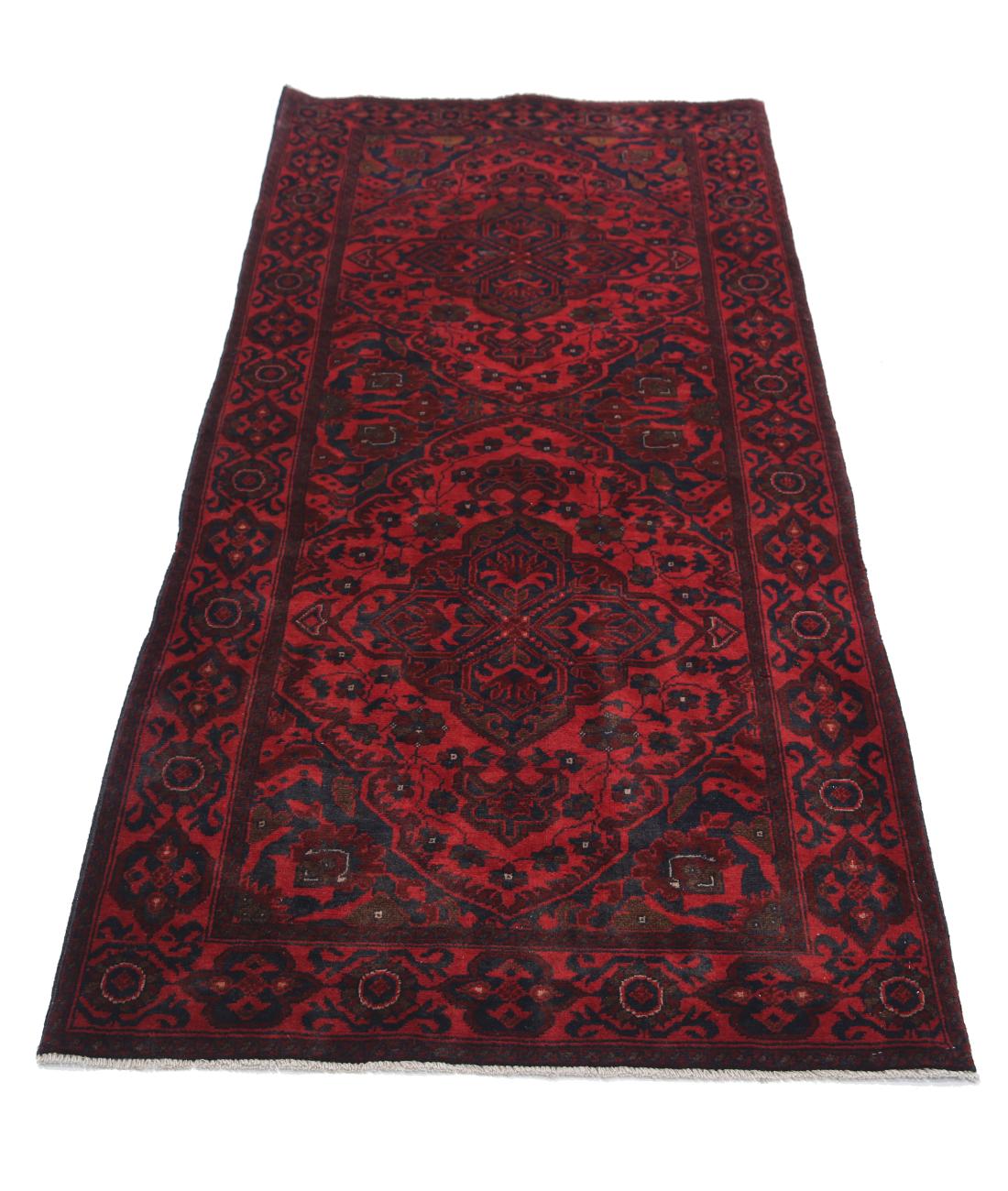 Afghan 2' 10" X 6' 7" Hand-Knotted Wool Rug 2' 10" X 6' 7" (86 X 201) / Red / Blue