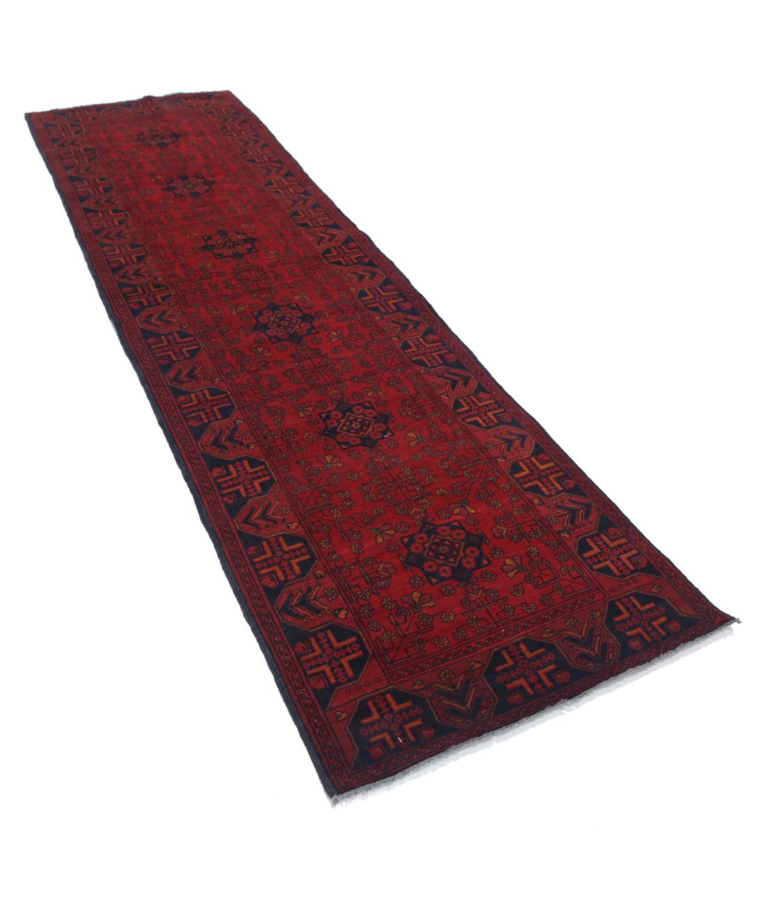 Afghan 2' 9" X 9' 4" Hand-Knotted Wool Rug 2' 9" X 9' 4" (84 X 284) / Red / Blue