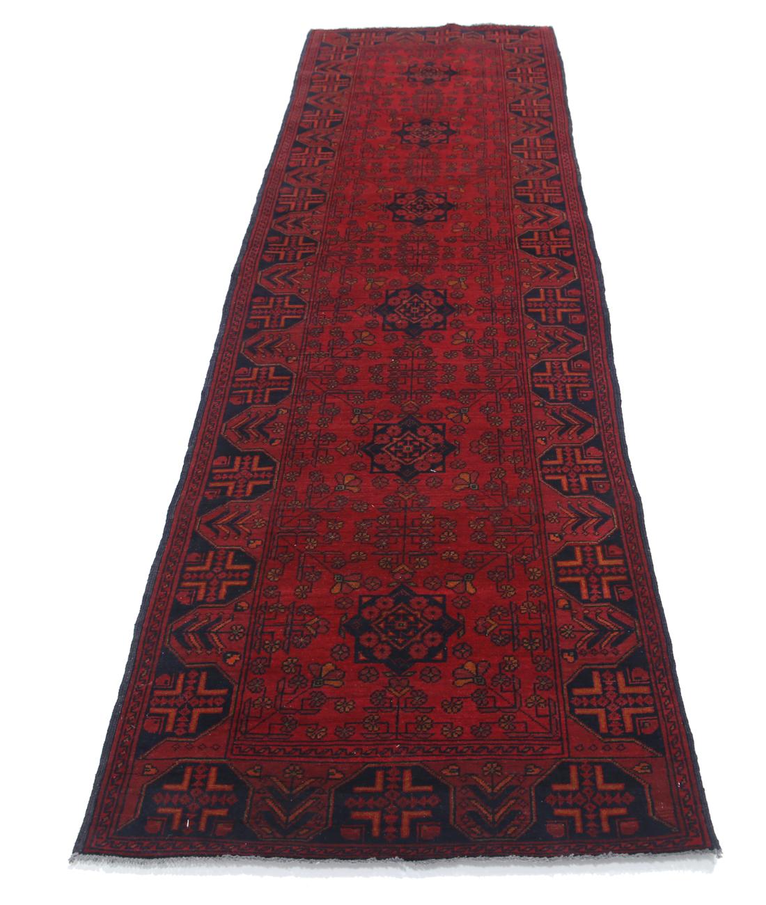 Afghan 2' 9" X 9' 4" Hand-Knotted Wool Rug 2' 9" X 9' 4" (84 X 284) / Red / Blue