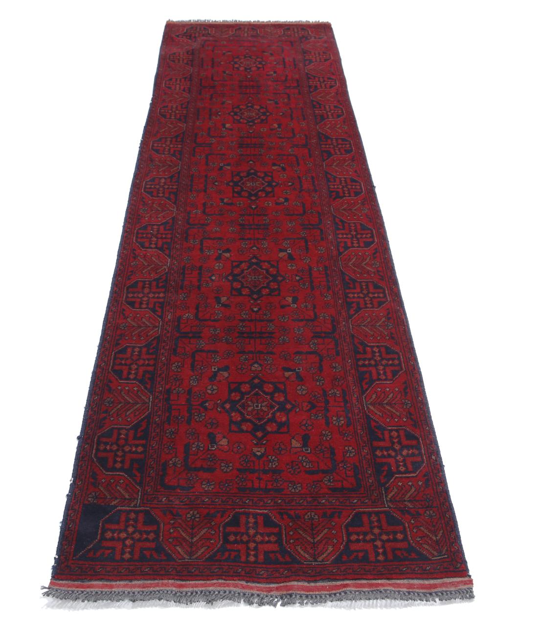 Afghan 2' 7" X 9' 5" Hand-Knotted Wool Rug 2' 7" X 9' 5" (79 X 287) / Red / Blue