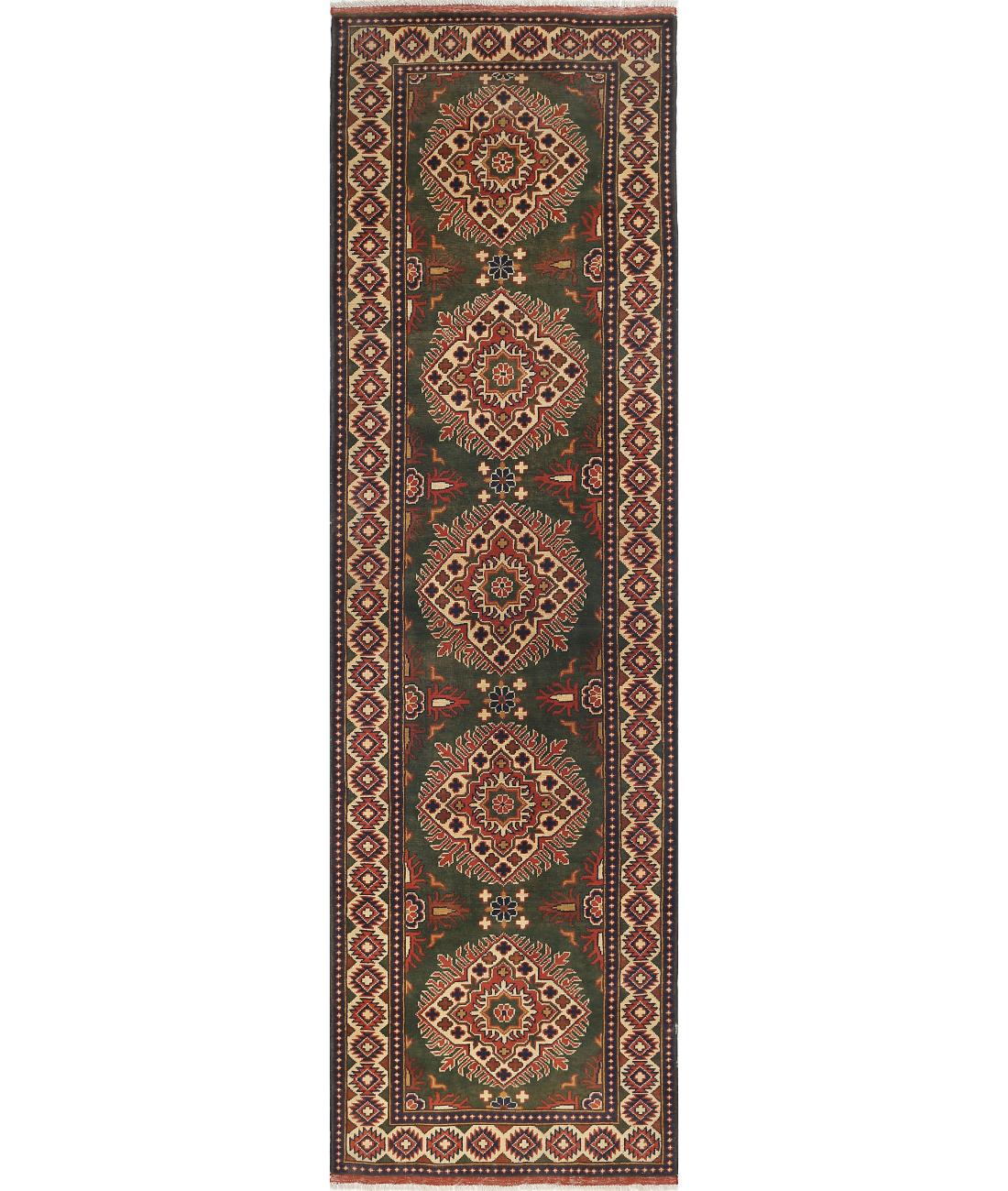 Afghan 2' 11" X 10' 2" Hand-Knotted Wool Rug 2' 11" X 10' 2" (89 X 310) / Green / Ivory