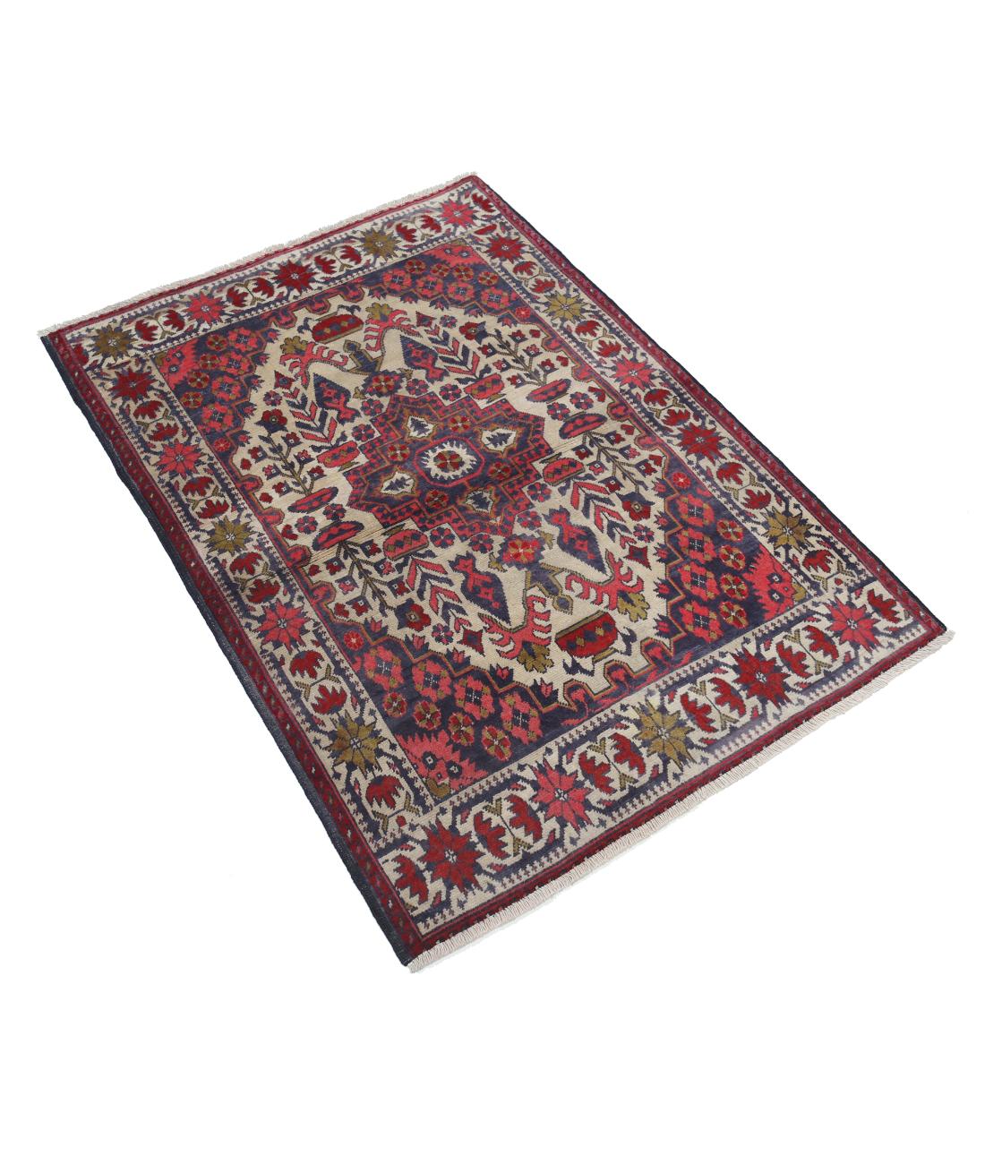 Afghan 2' 8" X 3' 10" Hand-Knotted Wool Rug 2' 8" X 3' 10" (81 X 117) / Ivory / Blue