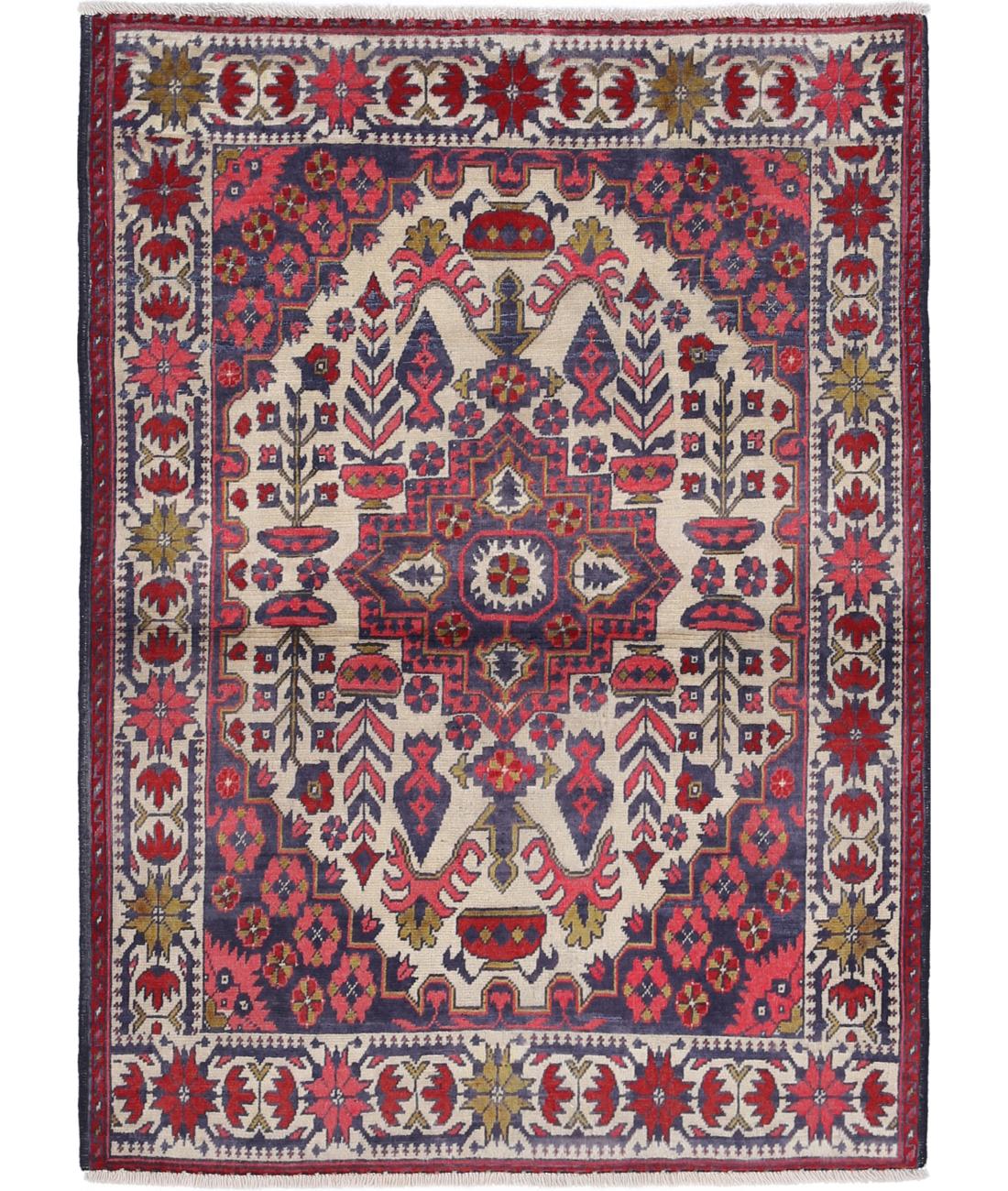 Afghan 2' 8" X 3' 10" Hand-Knotted Wool Rug 2' 8" X 3' 10" (81 X 117) / Ivory / Blue