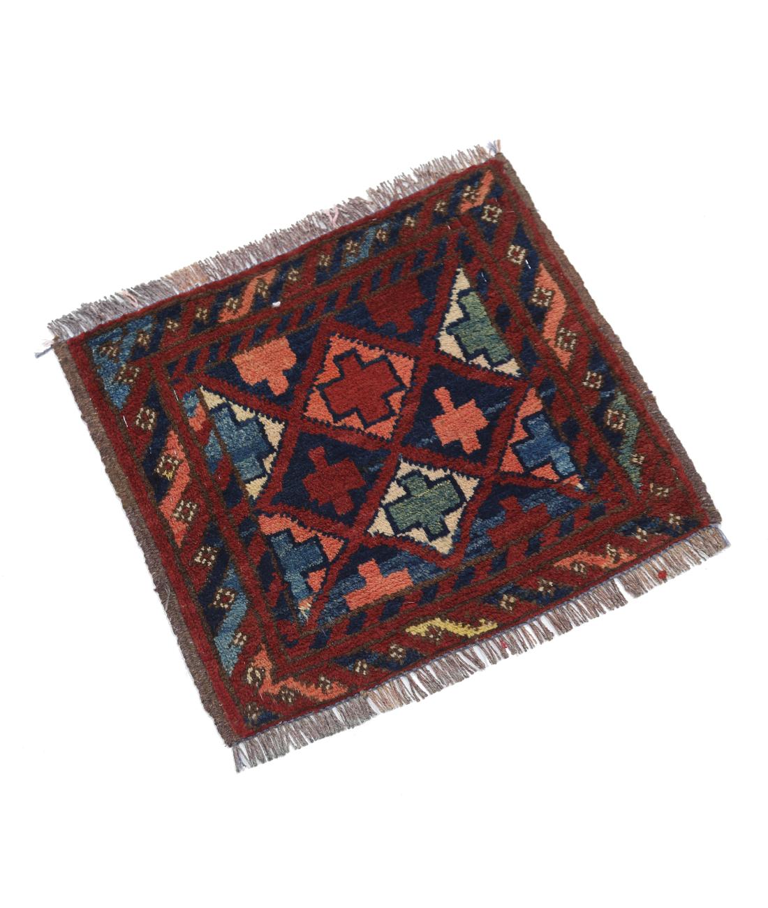 Afghan 1' 1" X 1' 2" Hand-Knotted Wool Rug 1' 1" X 1' 2" (33 X 36) / Rust / Blue