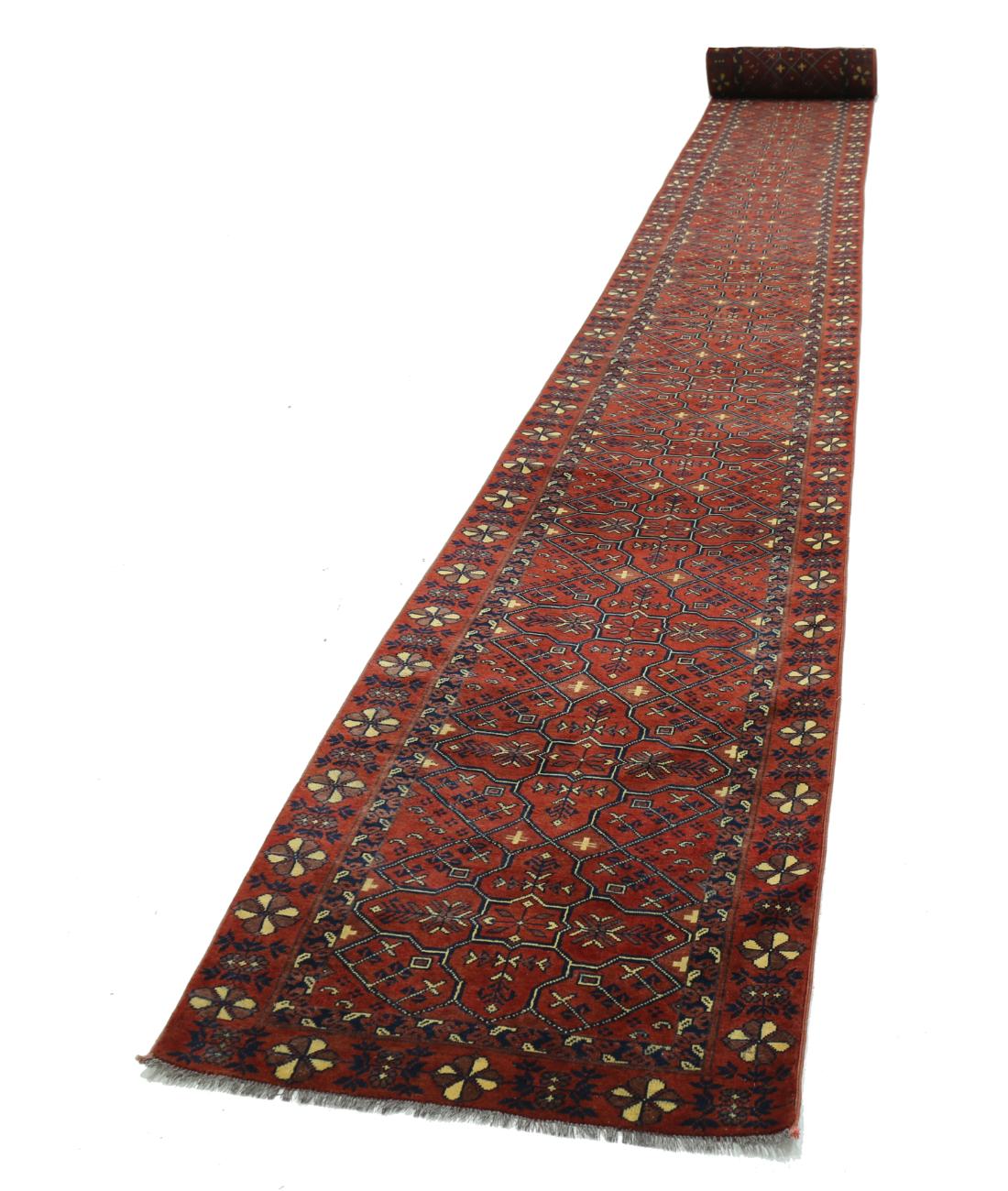 Afghan 2' 7" X 47' 7" Hand-Knotted Wool Rug 2' 7" X 47' 7" (79 X 1450) / Rust / Blue