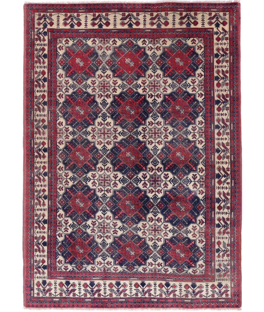 Afghan 3' 3" X 4' 10" Hand-Knotted Wool Rug 3' 3" X 4' 10" (99 X 147) / Ivory / Blue
