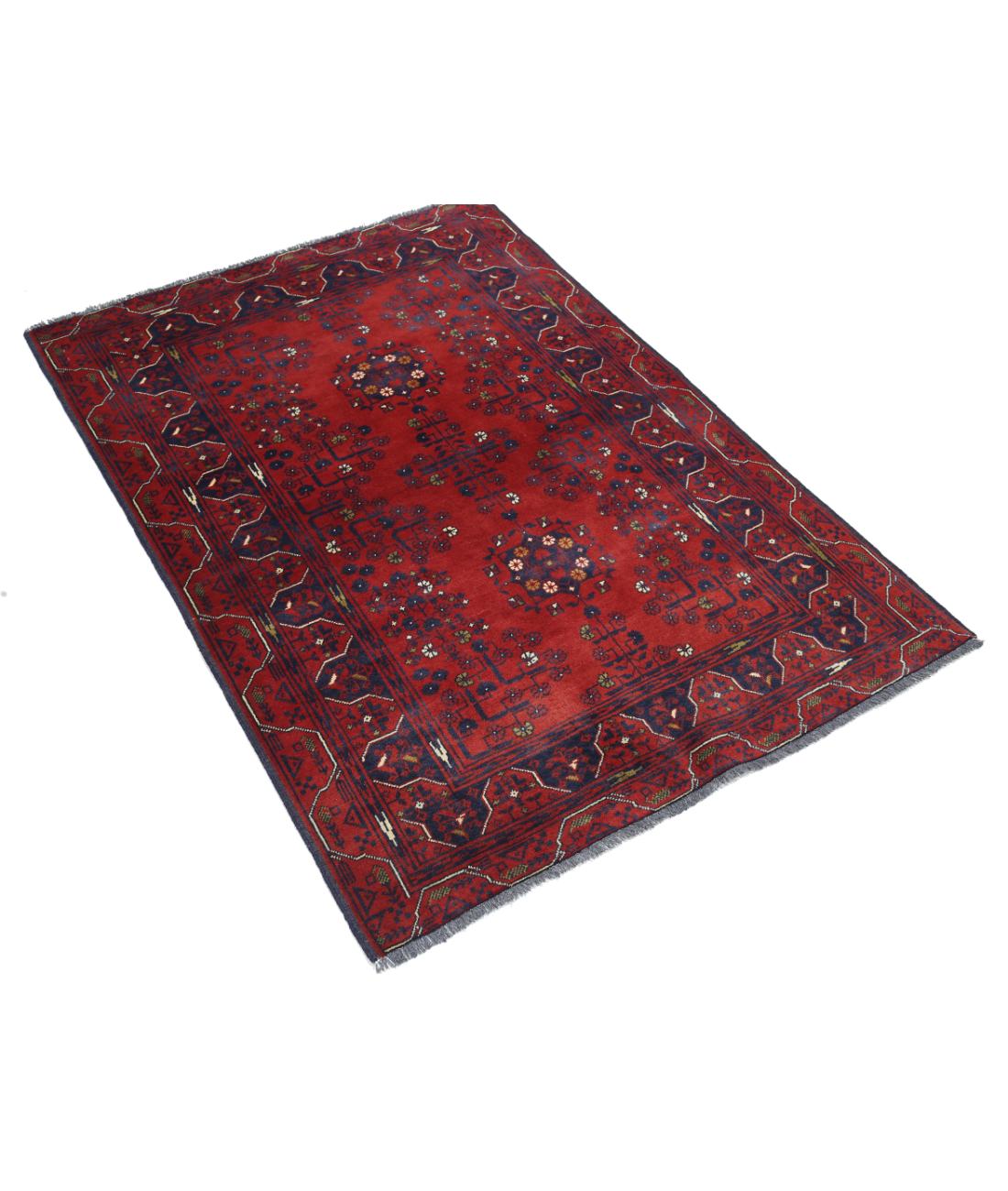 Afghan 3' 2" X 4' 9" Hand-Knotted Wool Rug 3' 2" X 4' 9" (97 X 145) / Red / Blue