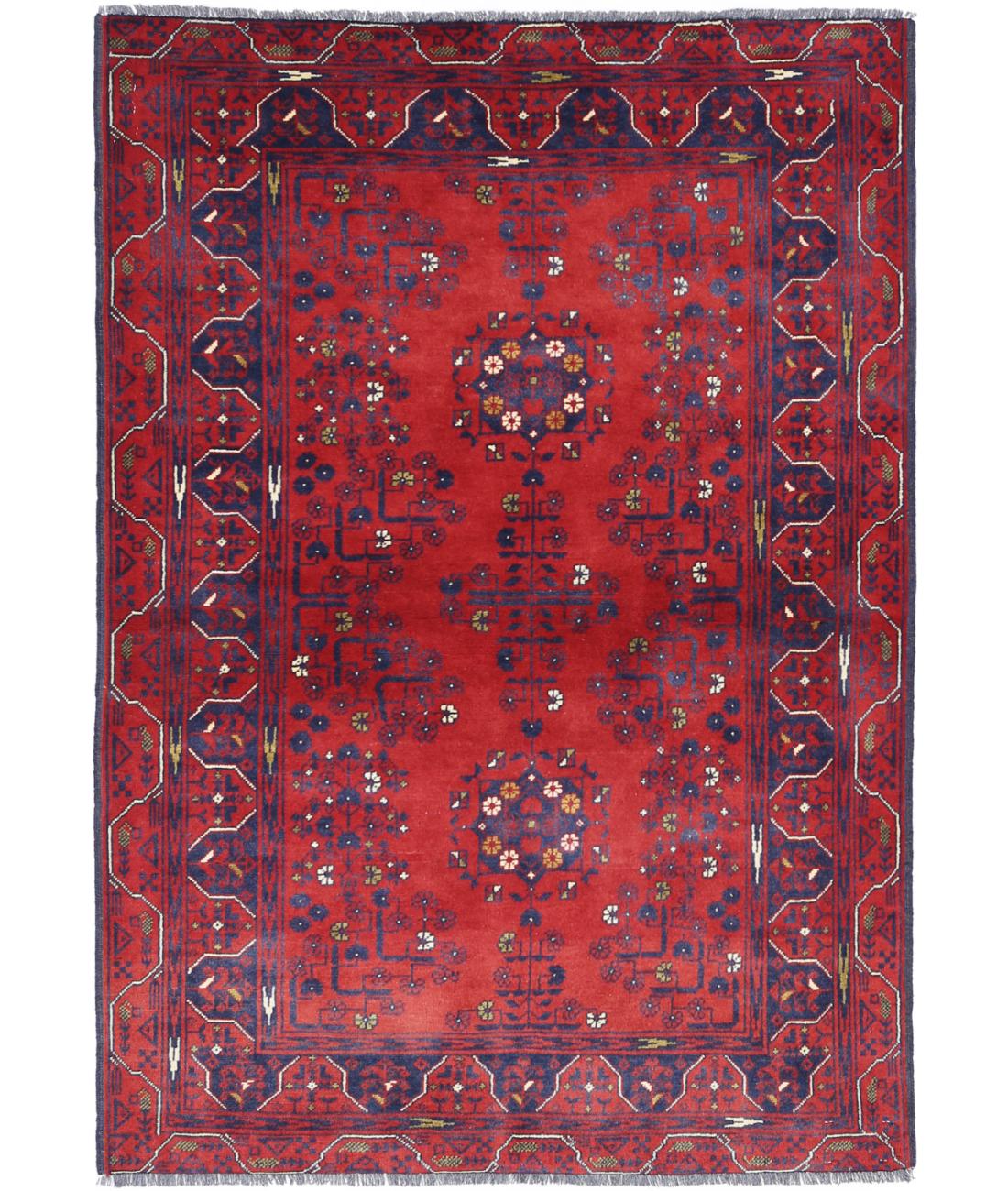 Afghan 3' 2" X 4' 9" Hand-Knotted Wool Rug 3' 2" X 4' 9" (97 X 145) / Red / Blue