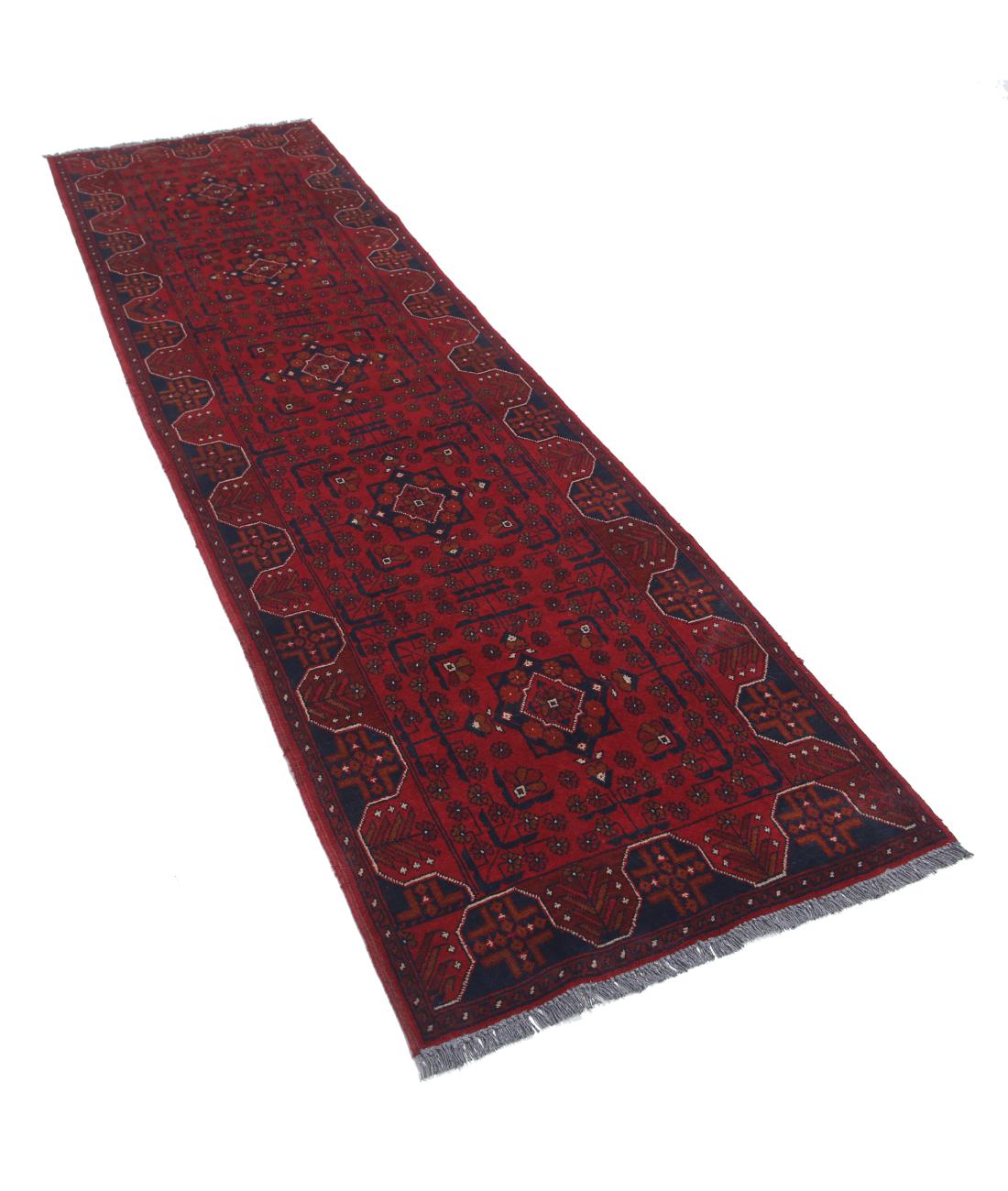 Afghan 2' 8" X 9' 3" Hand-Knotted Wool Rug 2' 8" X 9' 3" (81 X 282) / Red / Blue