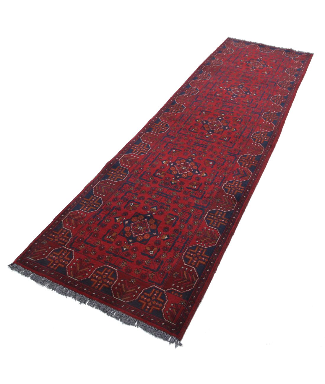 Afghan 2' 8" X 9' 3" Hand-Knotted Wool Rug 2' 8" X 9' 3" (81 X 282) / Red / Blue