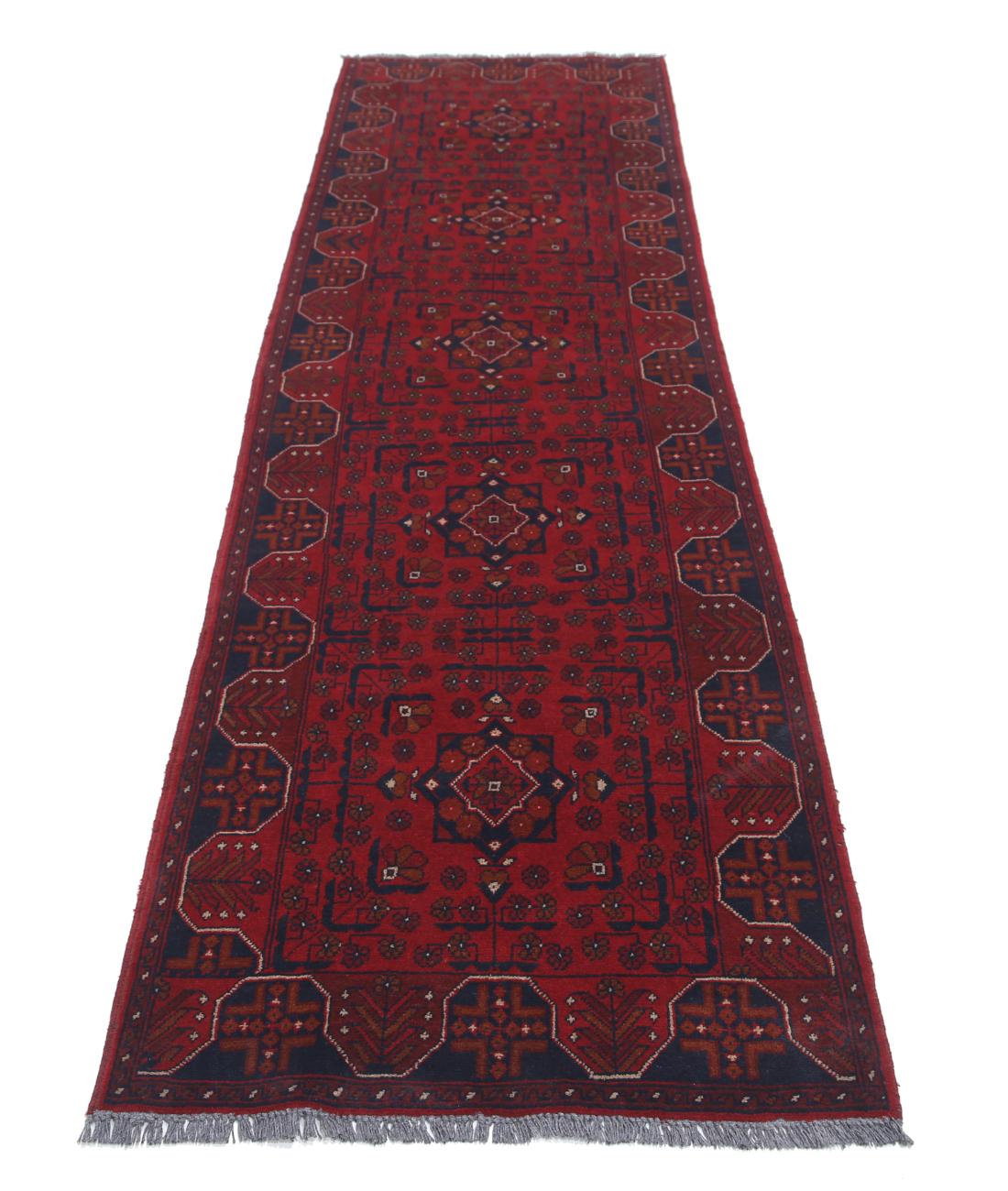 Afghan 2' 8" X 9' 3" Hand-Knotted Wool Rug 2' 8" X 9' 3" (81 X 282) / Red / Blue