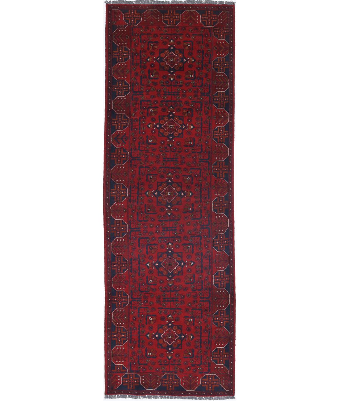 Afghan 2' 8" X 9' 3" Hand-Knotted Wool Rug 2' 8" X 9' 3" (81 X 282) / Red / Blue