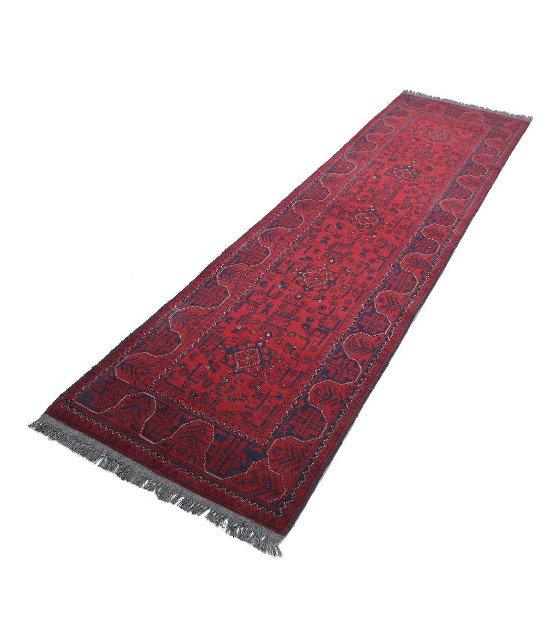 Afghan 2' 7" X 9' 5" Hand-Knotted Wool Rug 2' 7" X 9' 5" (79 X 287) / Red / Blue