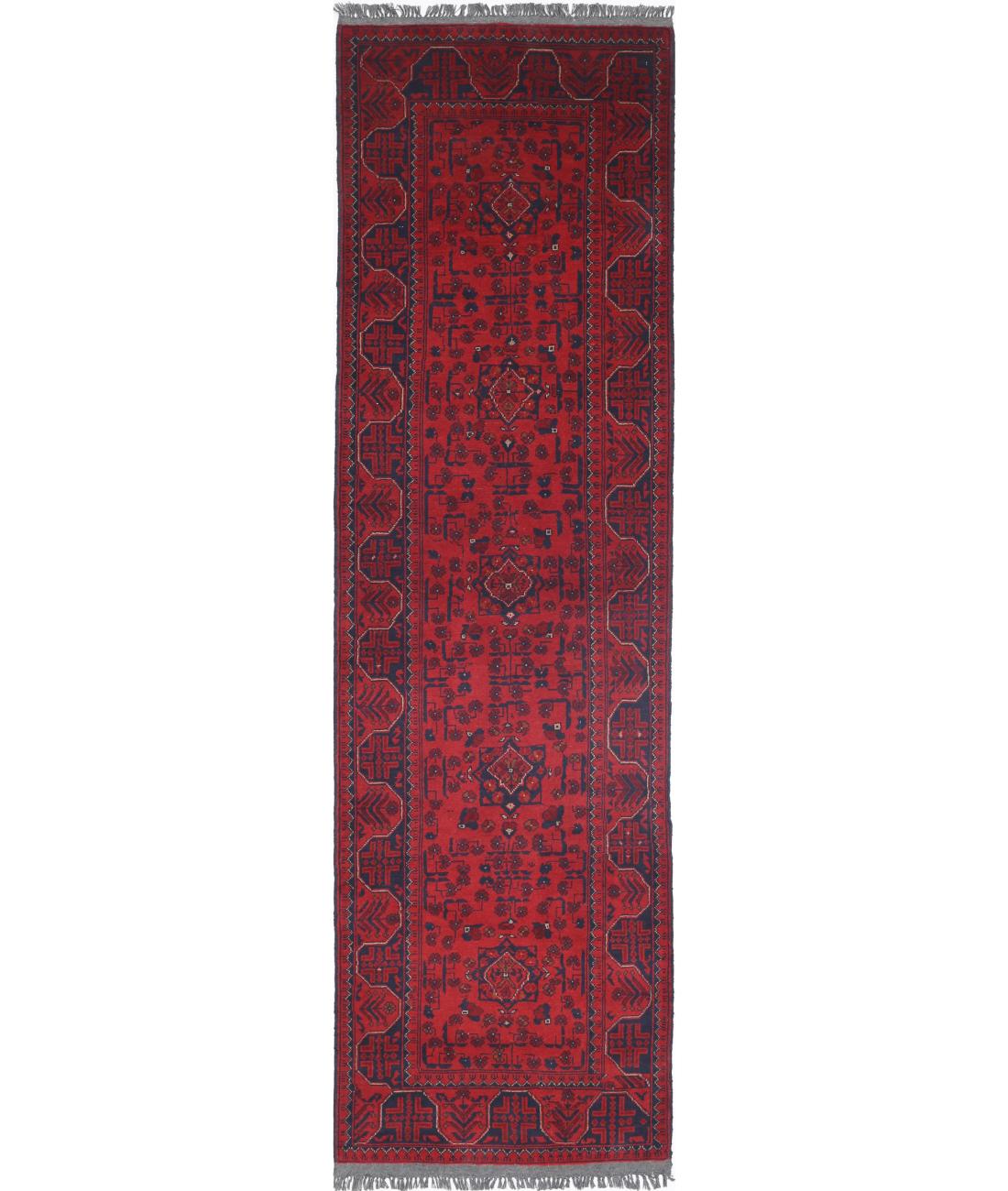 Afghan 2' 7" X 9' 5" Hand-Knotted Wool Rug 2' 7" X 9' 5" (79 X 287) / Red / Blue