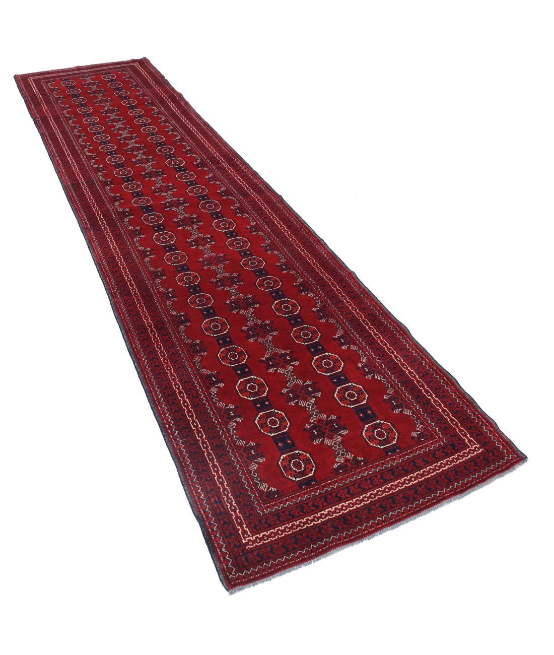 Afghan 2' 10" X 11' 9" Hand-Knotted Wool Rug 2' 10" X 11' 9" (86 X 358) / Red / Blue