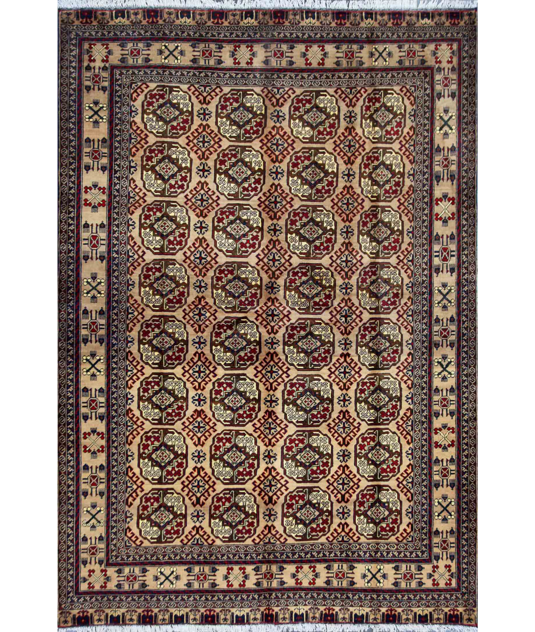 Hand Knotted Afghan Wool Rug 6' 8" X 9' 7" 6' 8" X 9' 7" (203 X 292) / Ivory / Blue