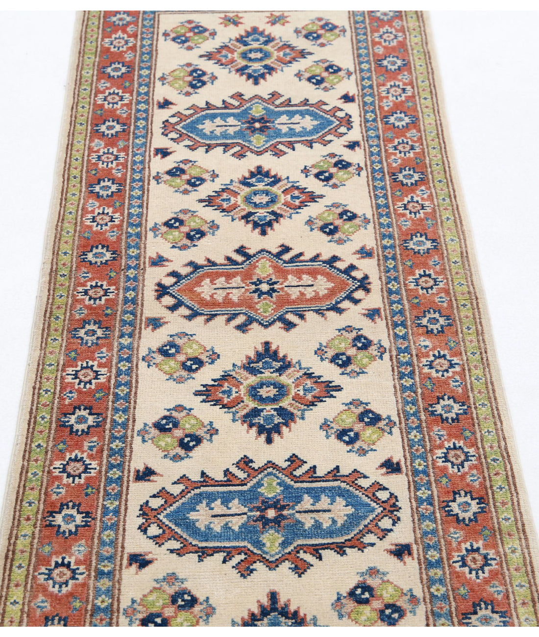 Kazak 2'0'' X 5'11'' Hand-Knotted Wool Rug 2'0'' x 5'11'' (60 X 178) / Ivory / Red